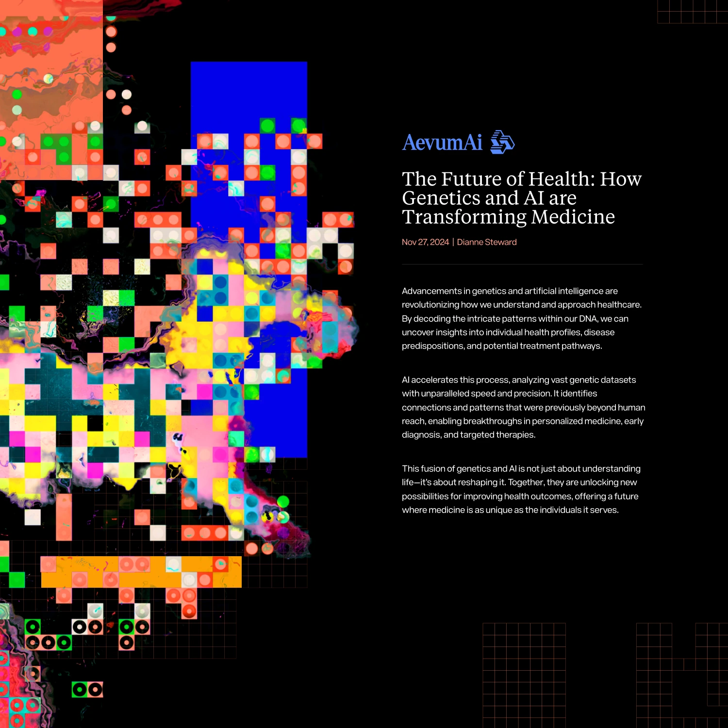 Aevum AI article page, The Future of Health: How Genetics and AI are Transforming Medicine