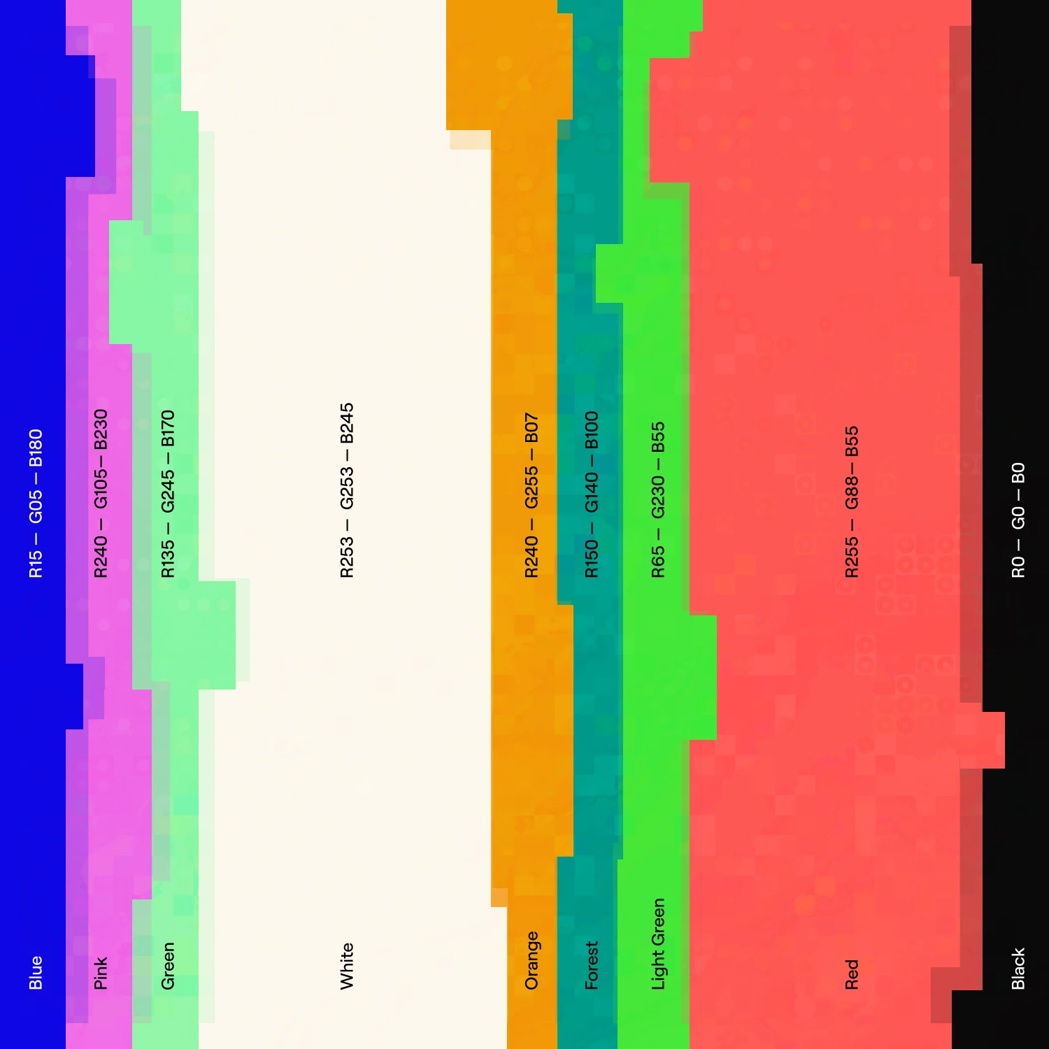 Aevum AI colour palette in bands: blue, pink, green, white, orange, forest green, red and black