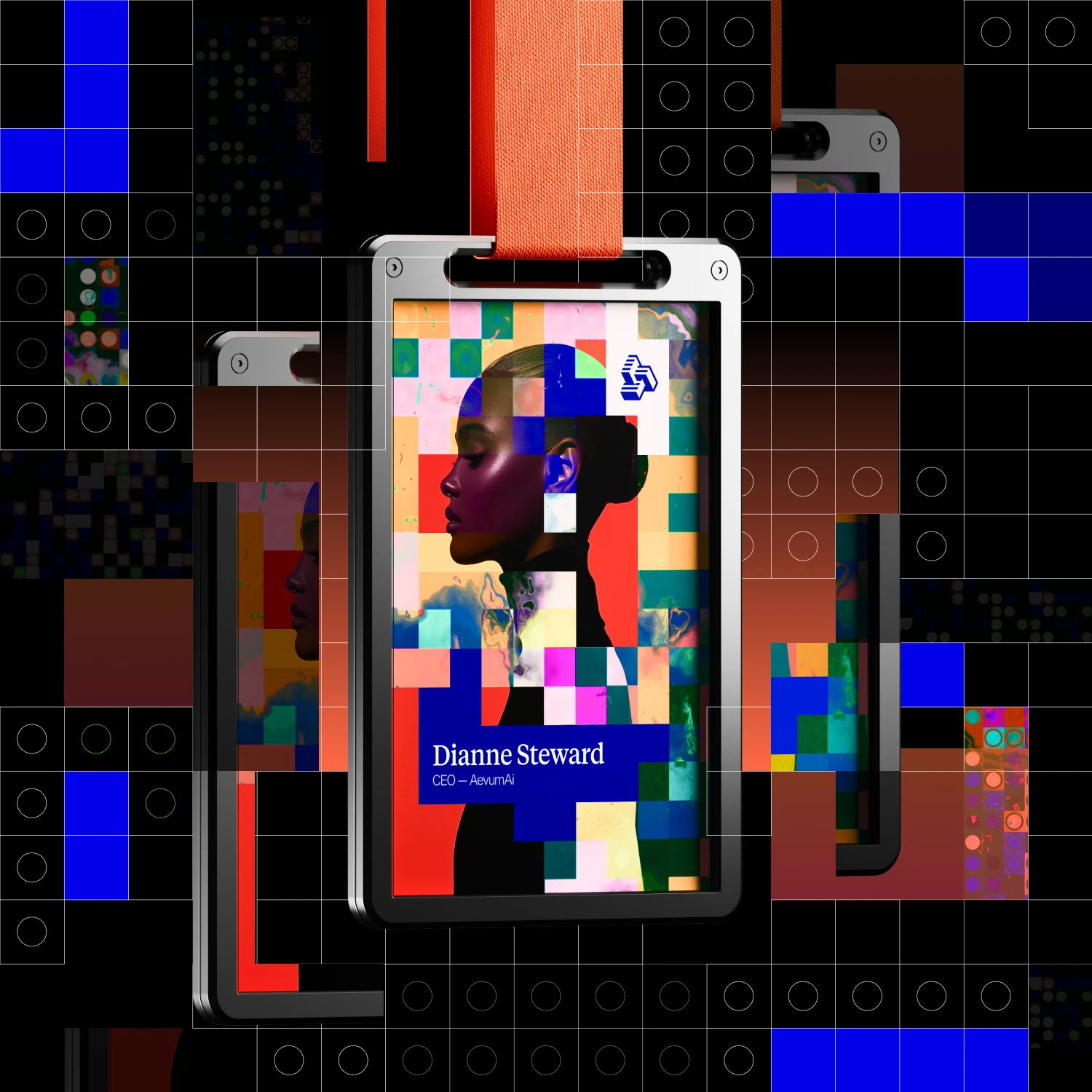 Aevum AI ID badge with a pixel collage portrait, on an orange lanyard over a pixel grid