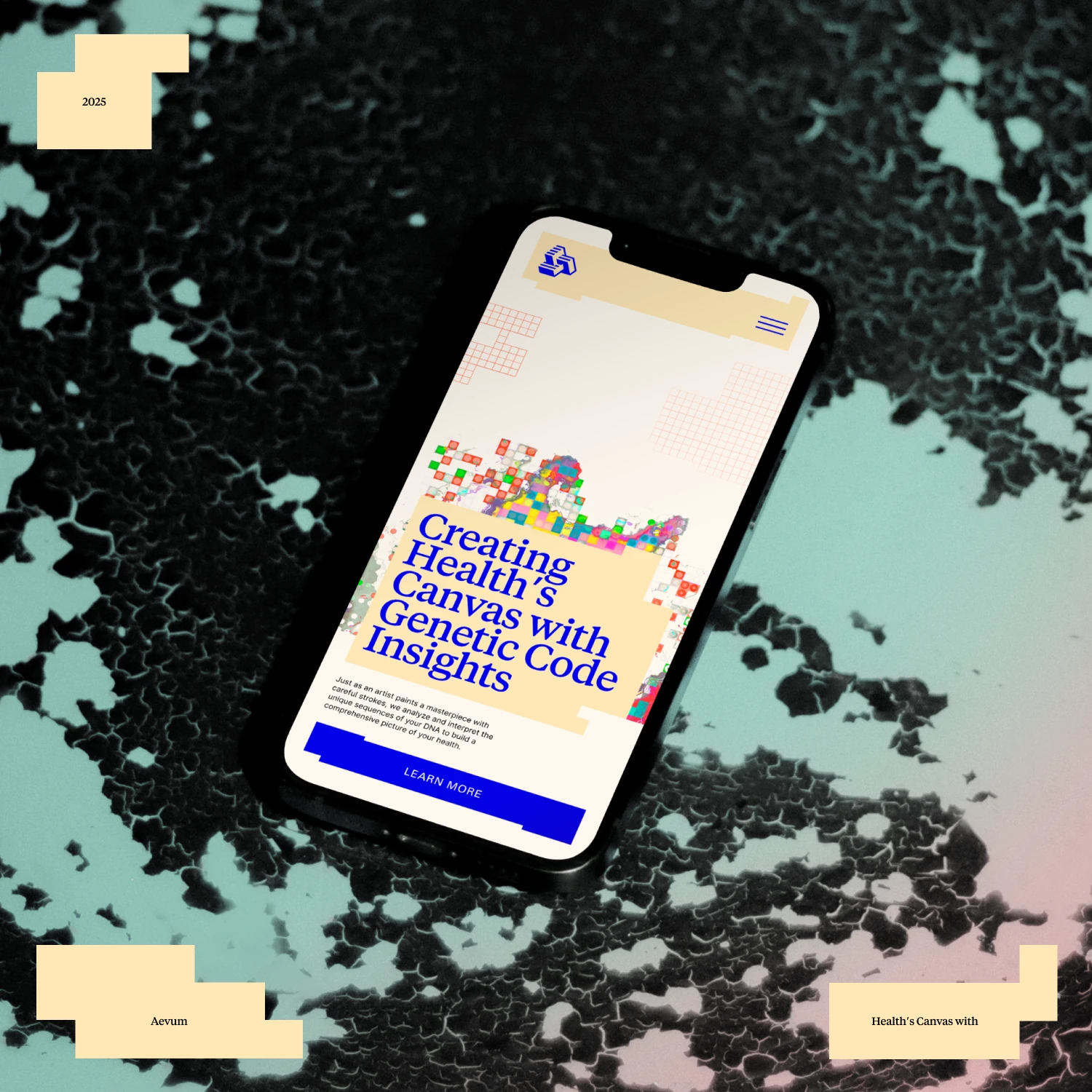 Phone showing the Aevum AI site, Creating Health's Canvas with Genetic Code Insights, on a paint texture