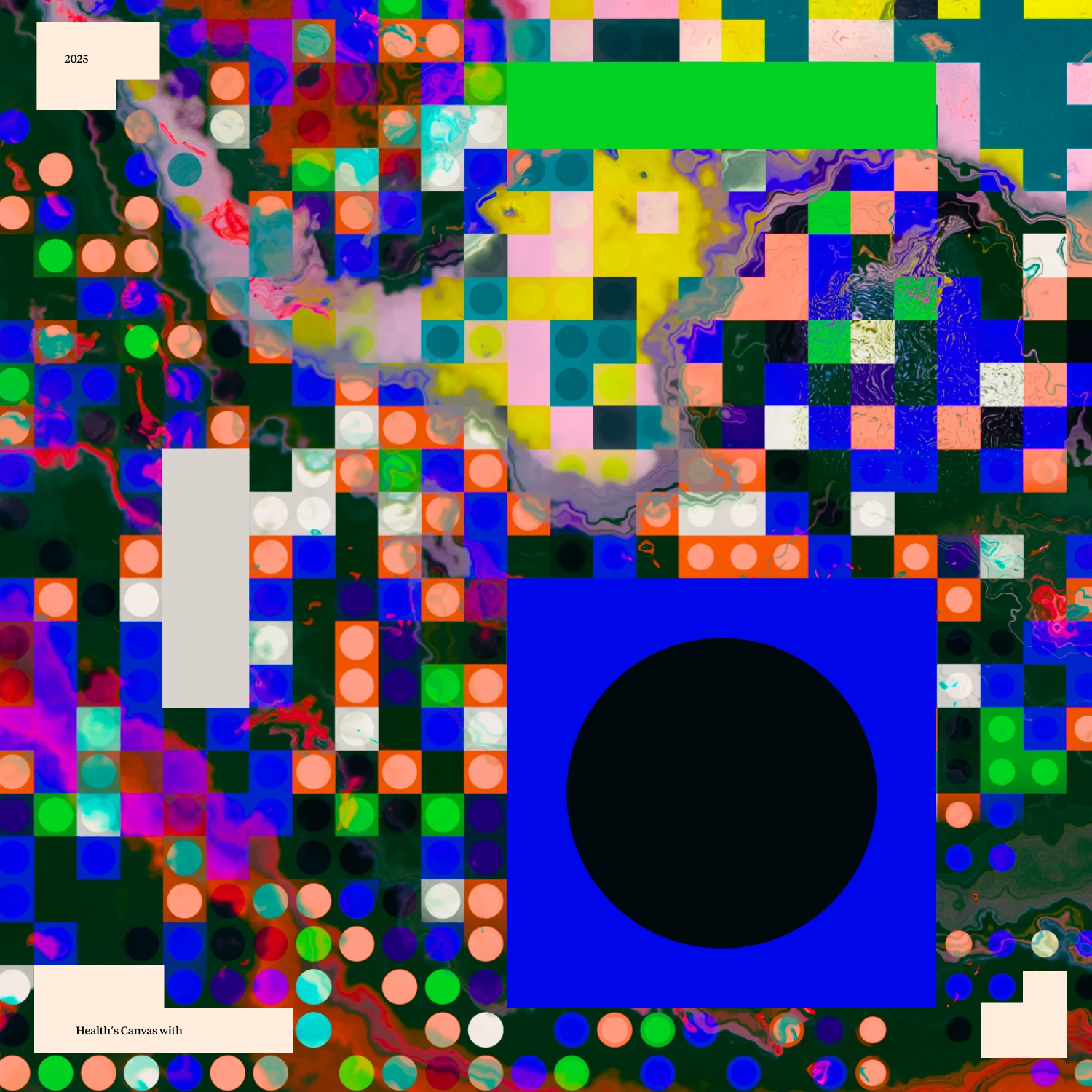 Aevum AI pixel collage with a black circle on a blue square among coloured tiles