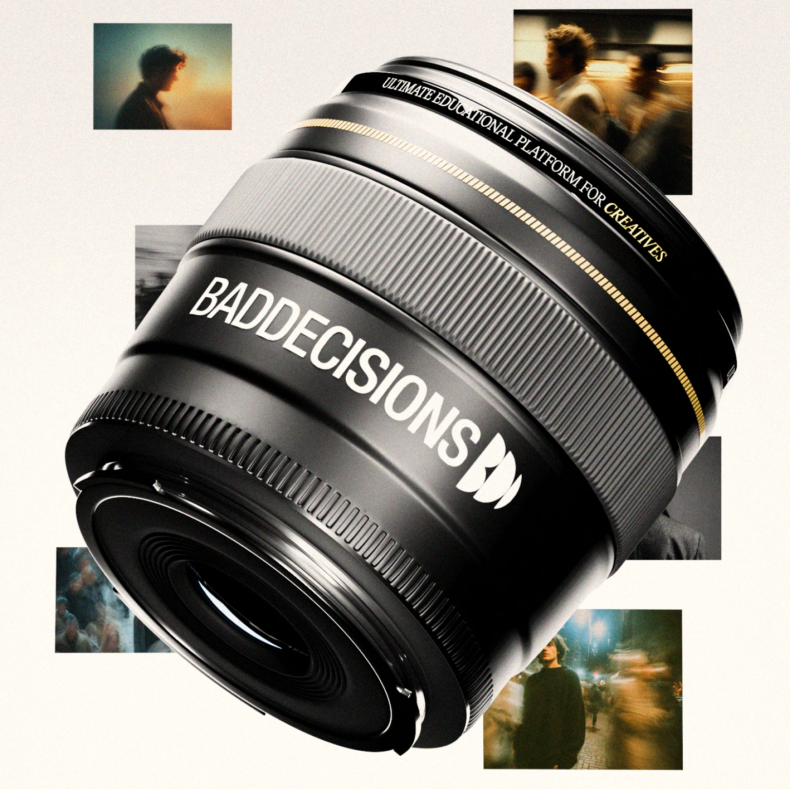 Black camera lens printed with the Bad Decisions wordmark and BD mark, among small film stills
