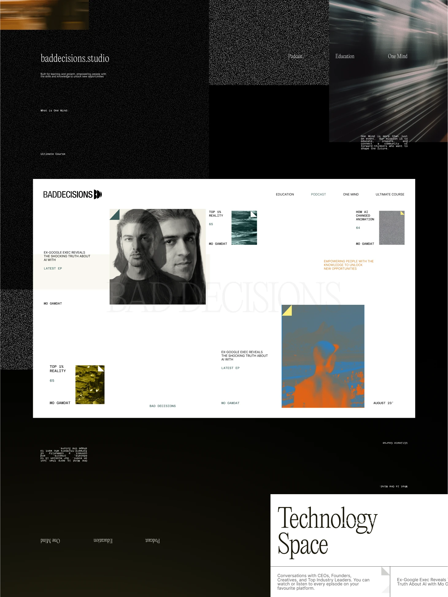 Bad Decisions Studio web page with portraits and a Technology Space card on a dark collage