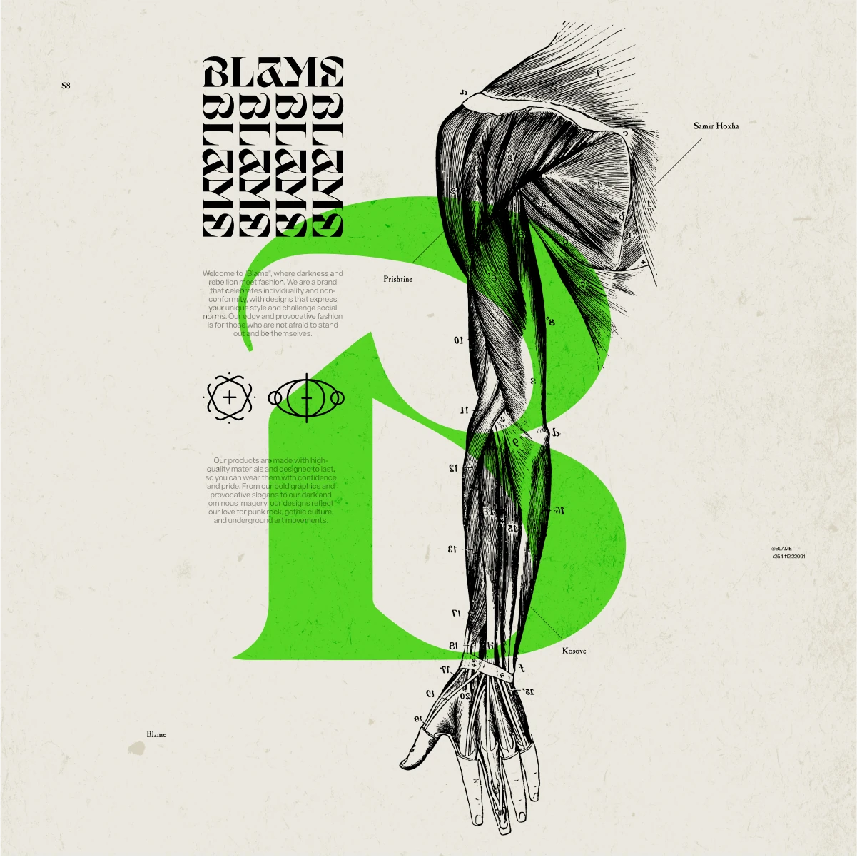 Blame poster: the green B monogram with an engraved anatomical arm and the wordmark stacked