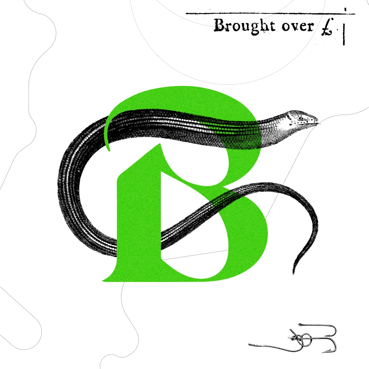 Blame B monogram in green with an engraved snake winding through it on white