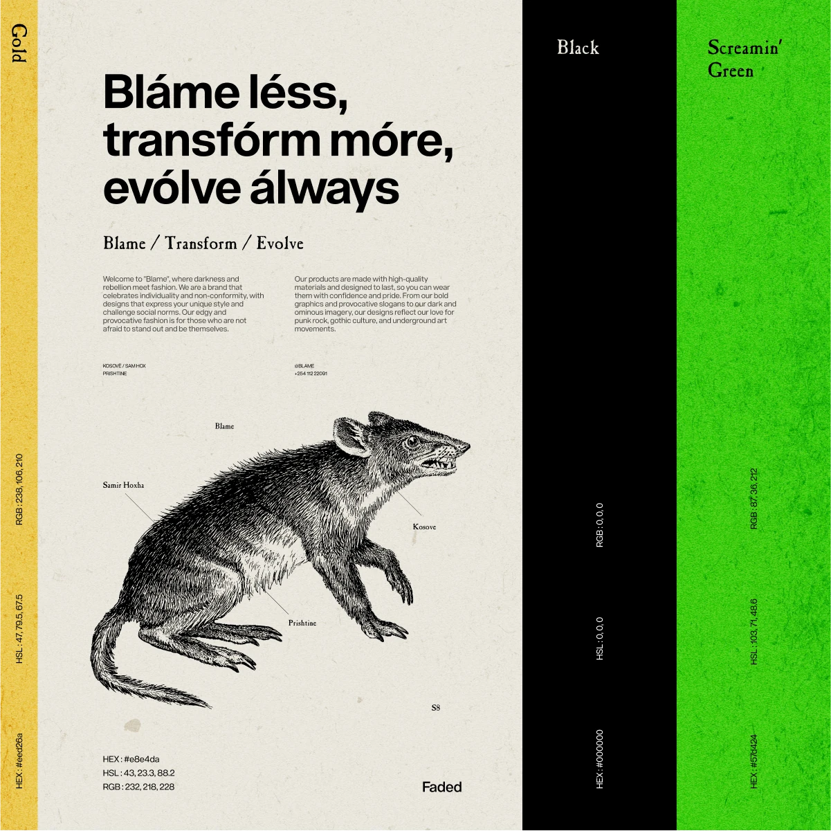 Blame colour palette sheet: faded cream with an engraved animal, gold, black and screamin' green