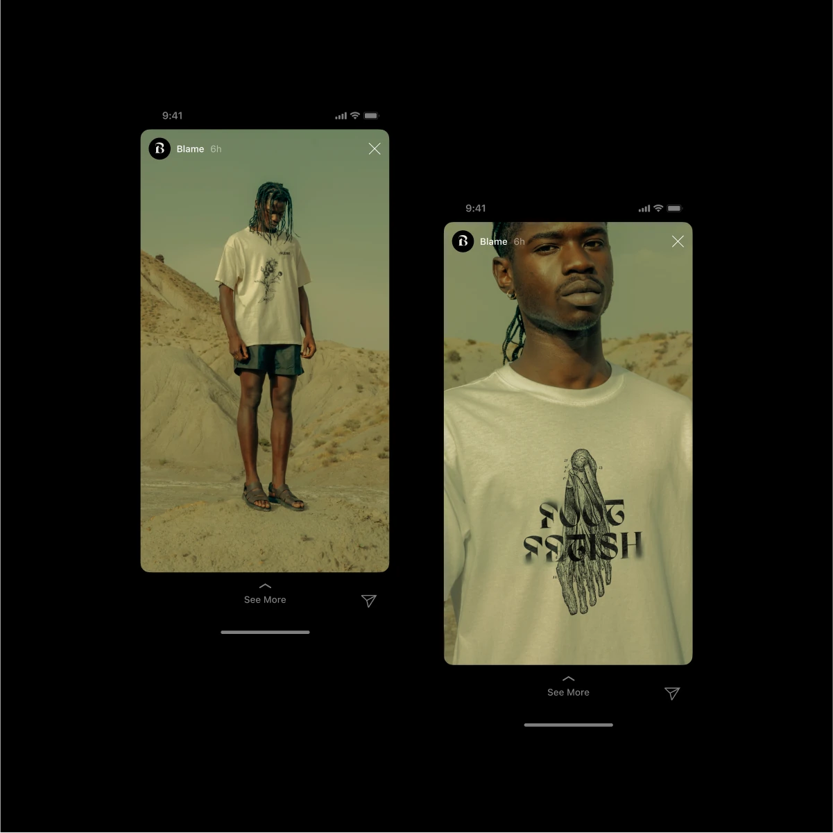 Two Blame phone screens with models in desert streetwear
