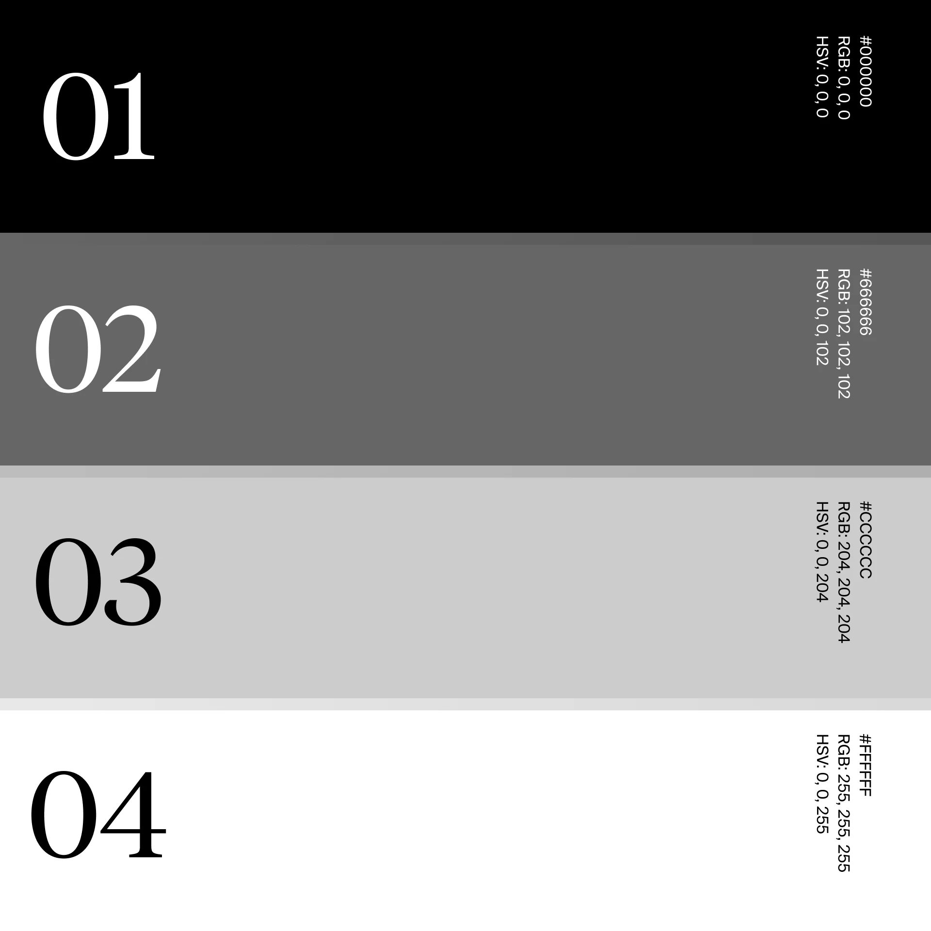 Cellbased colour palette numbered 01 to 04: black, dark grey, light grey and white