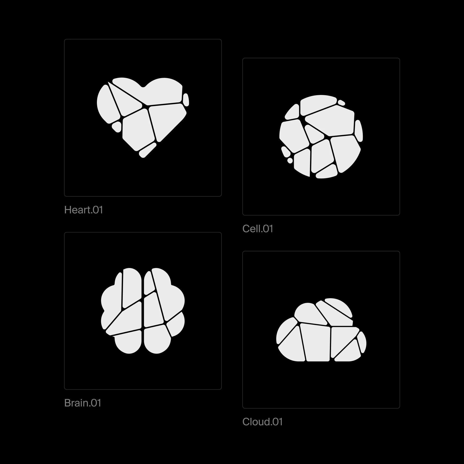 Four Cellbased icons built from Voronoi cells: heart, cell, brain and cloud