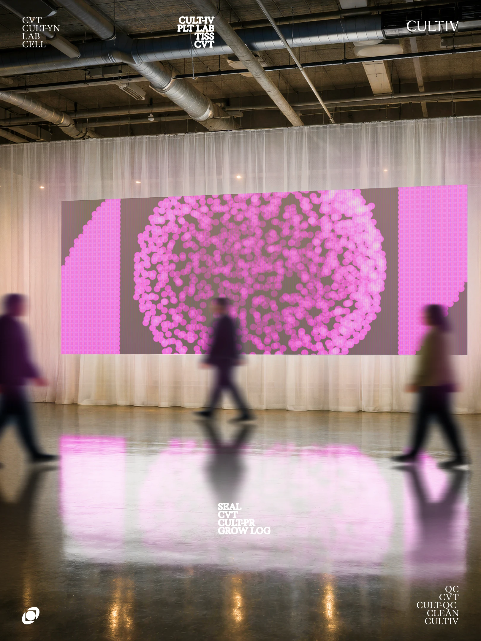 People walking past a large Cultiv screen with a pink pixel microorganism in a gallery