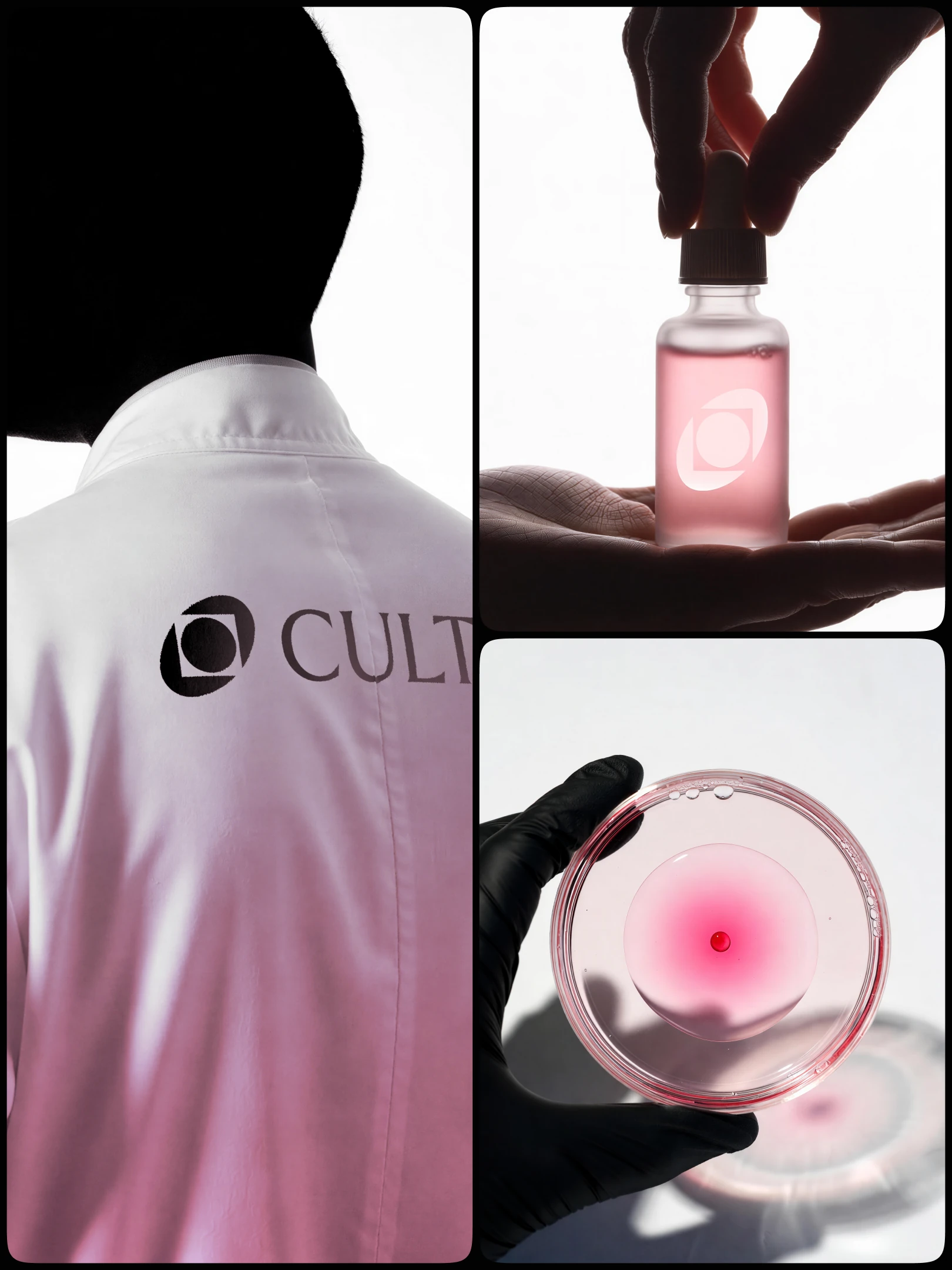 Cultiv in the lab: a lab coat with the logo, a pink dropper bottle and a petri dish in a gloved hand