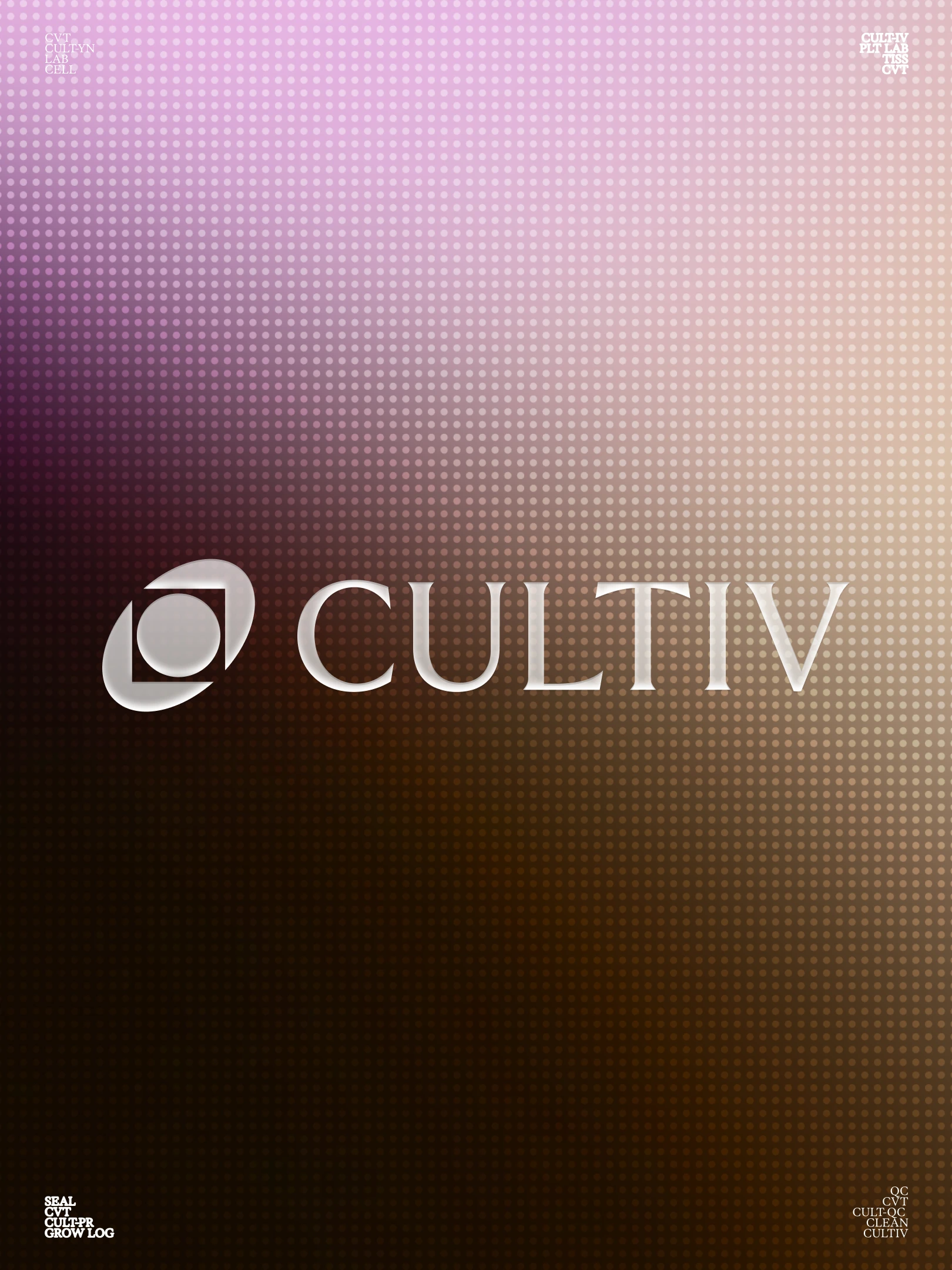 Cultiv logo and wordmark in white on a pink and brown gradient poster