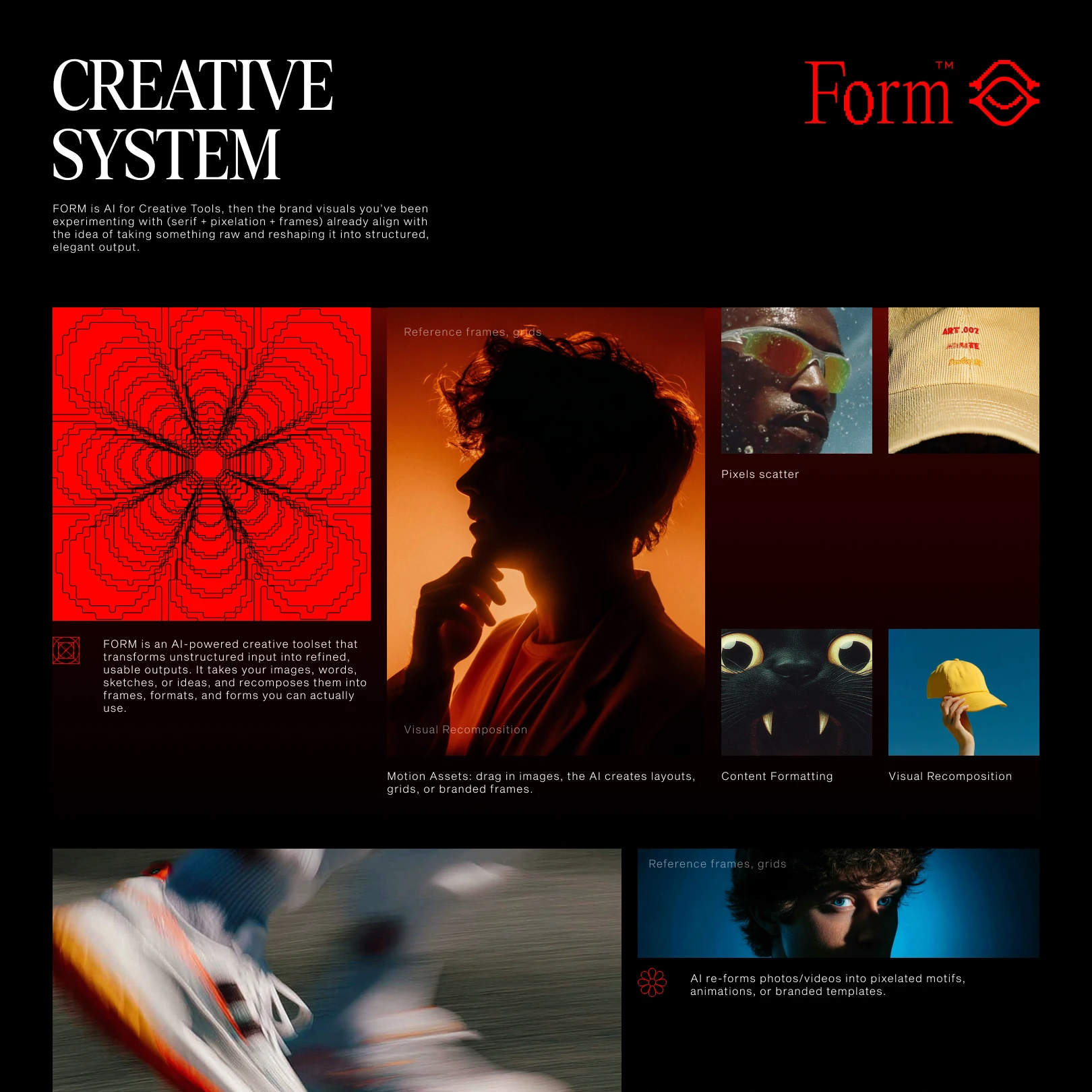 Form Creative System layout: a red pattern, portraits and image tiles on an editorial grid
