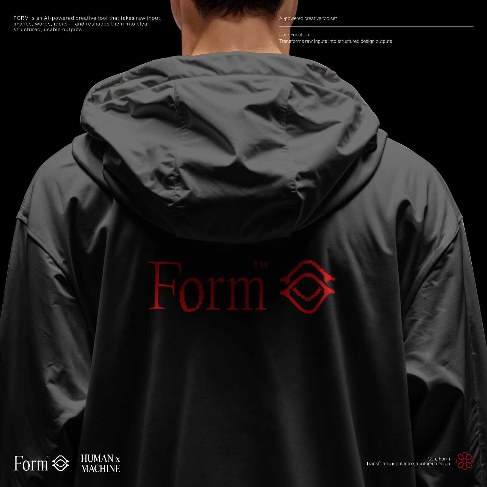 Back of a black hooded jacket with the Form wordmark and dual-eye logo in red