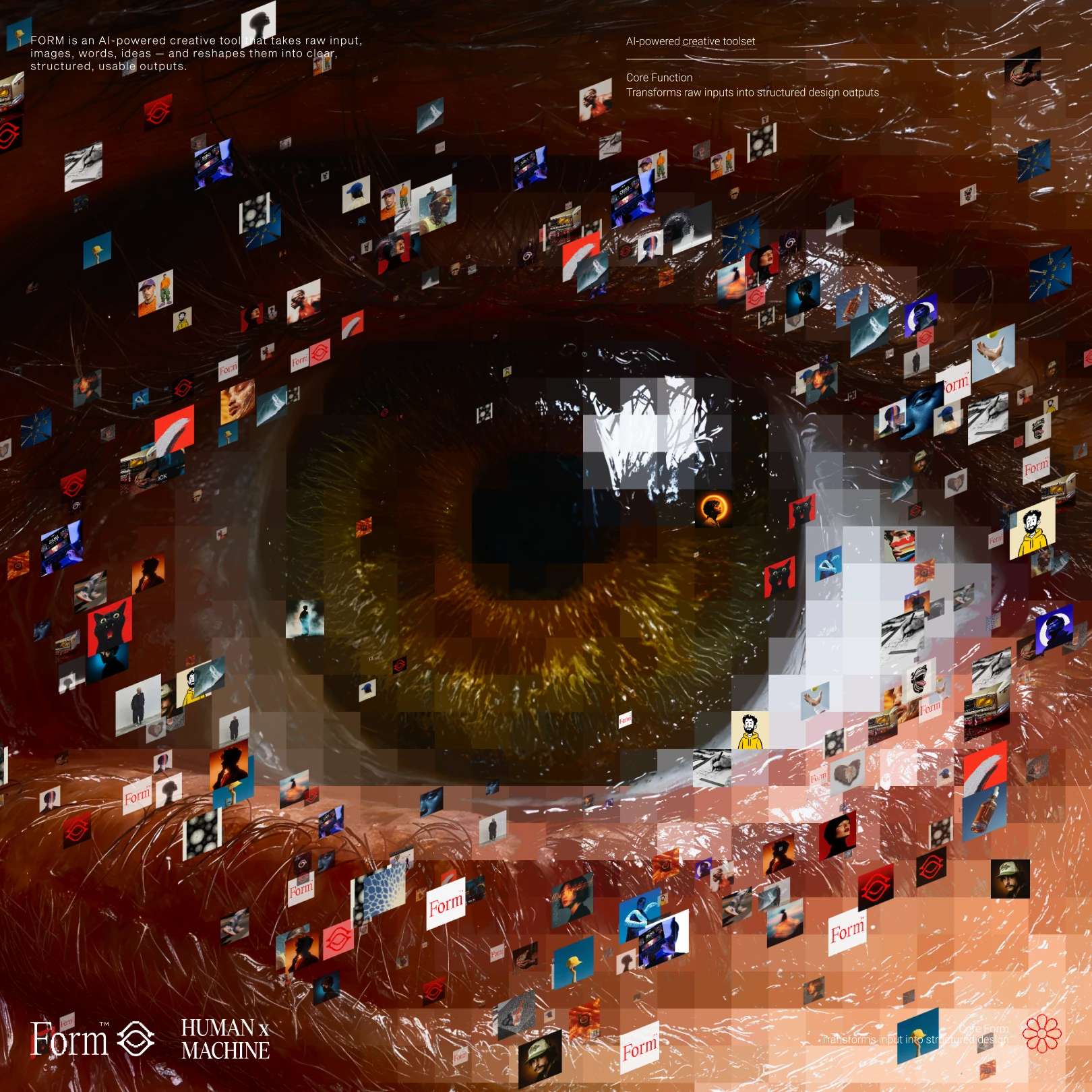 Close-up of an eye turning into pixels, with Form image tiles floating across it
