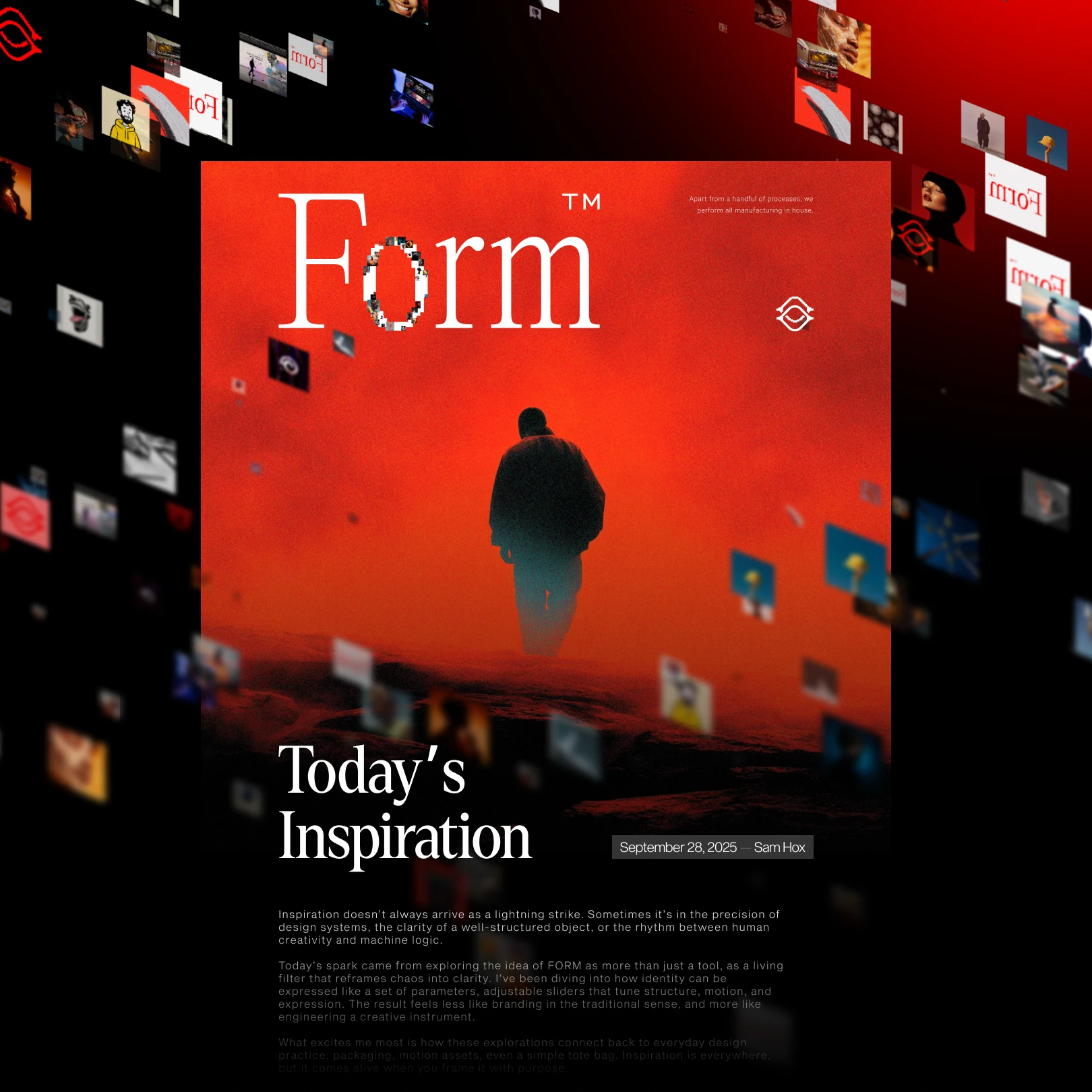 Form article page, Today's Inspiration, a figure in a red landscape among floating images