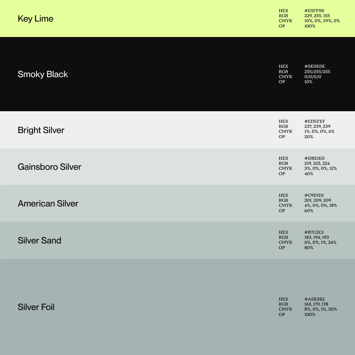 Kinetica colour palette: key lime, smoky black and five silvers from bright to foil