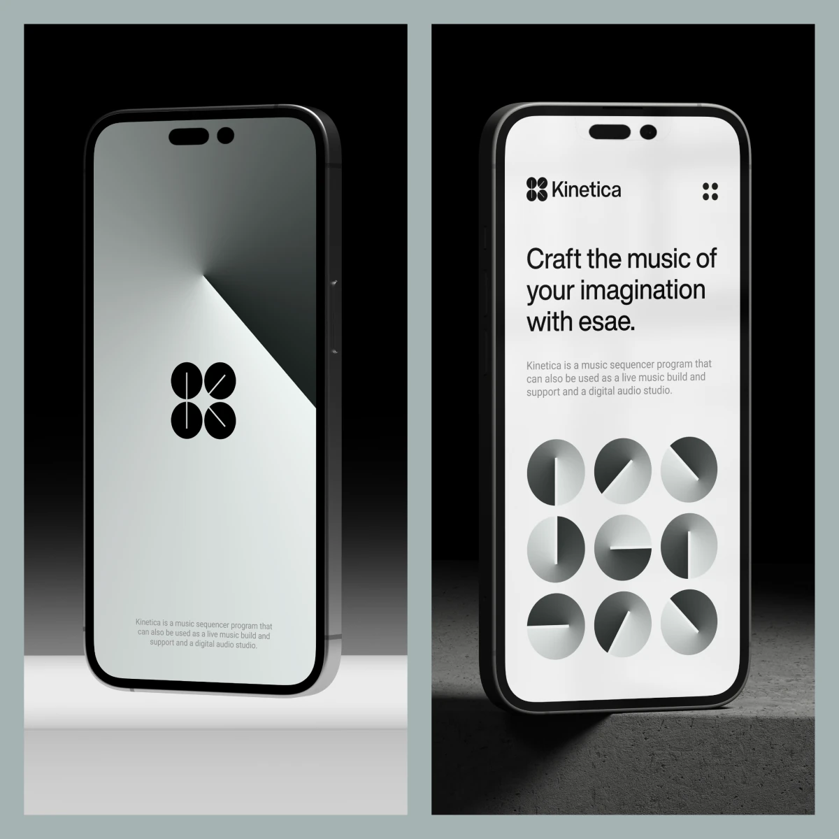 Two Kinetica phones: the button mark on silver and the app home with turned button graphics