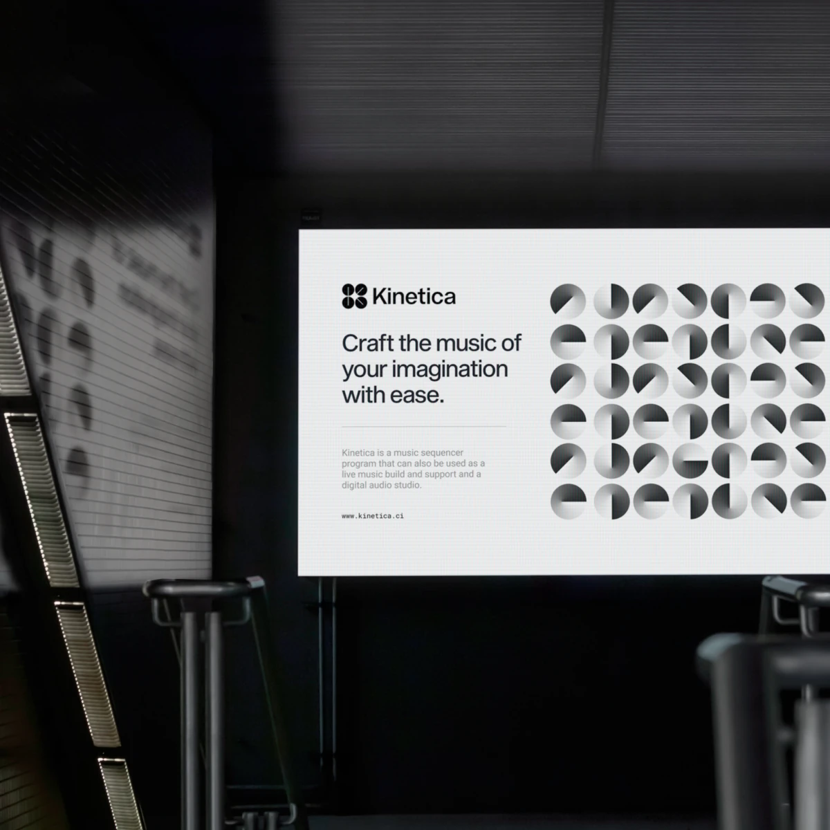 Kinetica screen in a dark room, Craft the music of your imagination with ease, beside button graphics