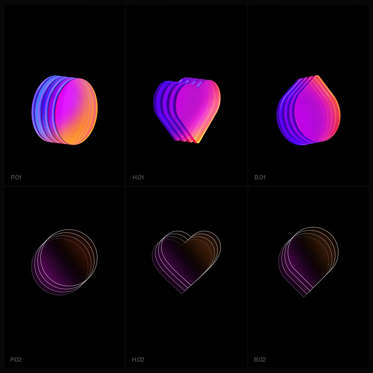 Klue 3D icons in pink and violet glass: a pulse, a heart and a drop, solid and as outlines