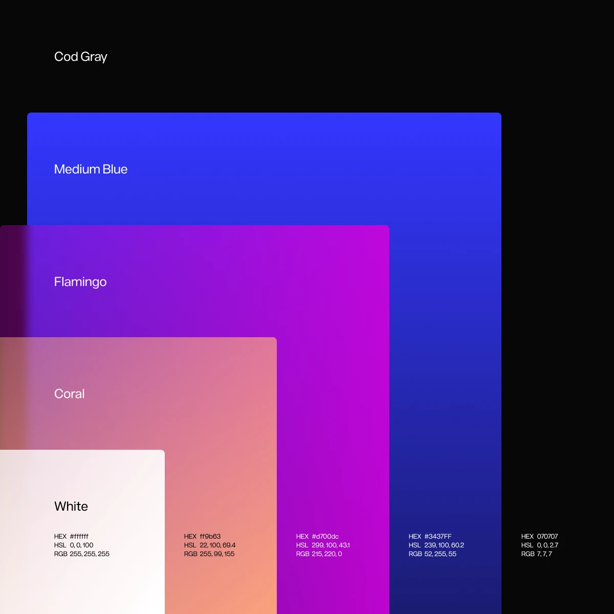 Klue colour palette in stacked cards: cod gray, medium blue, flamingo, coral and white
