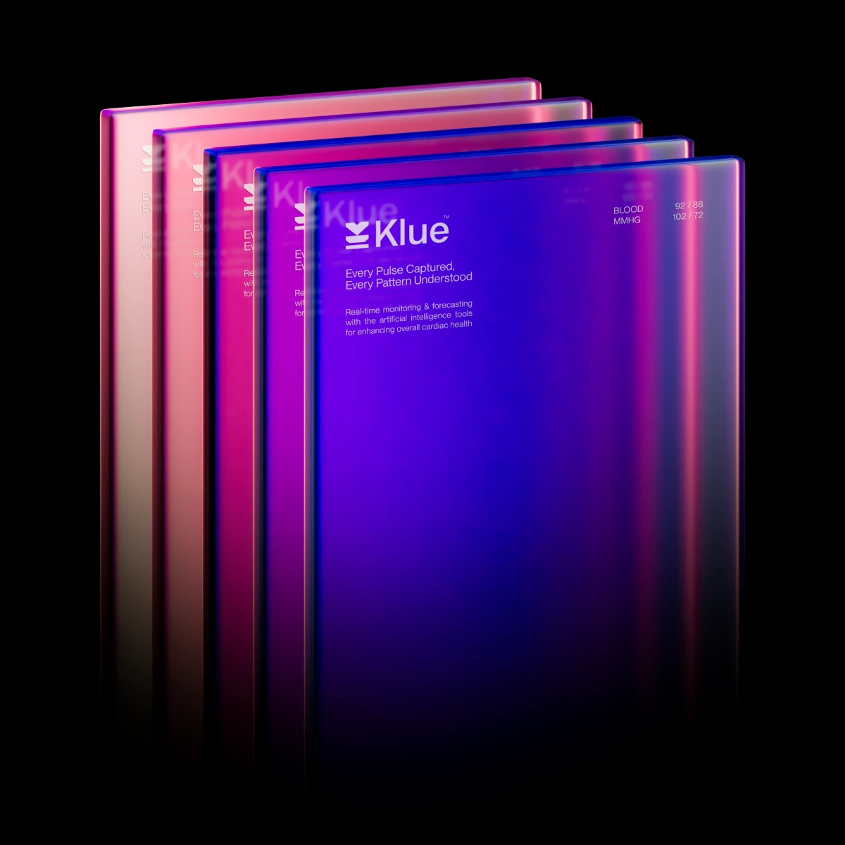 Stack of glass Klue cards in pink and violet, the front one reading Every Pulse Captured