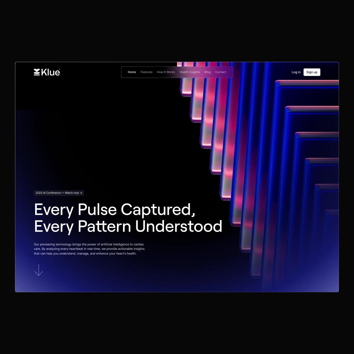Klue website home, Every Pulse Captured, Every Pattern Understood, with glass planes