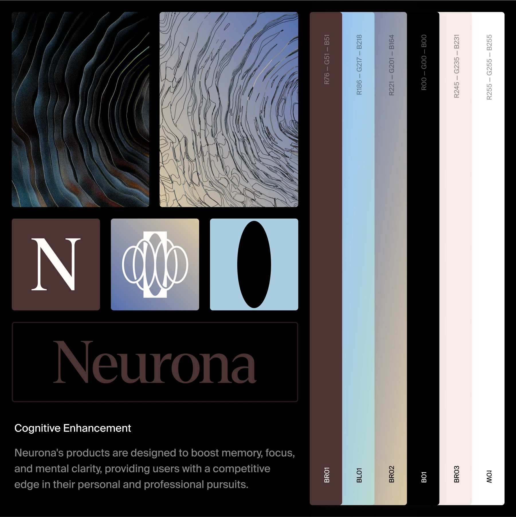 Neurona brand elements: fungal textures, the N, the mark, the wordmark and the colour palette