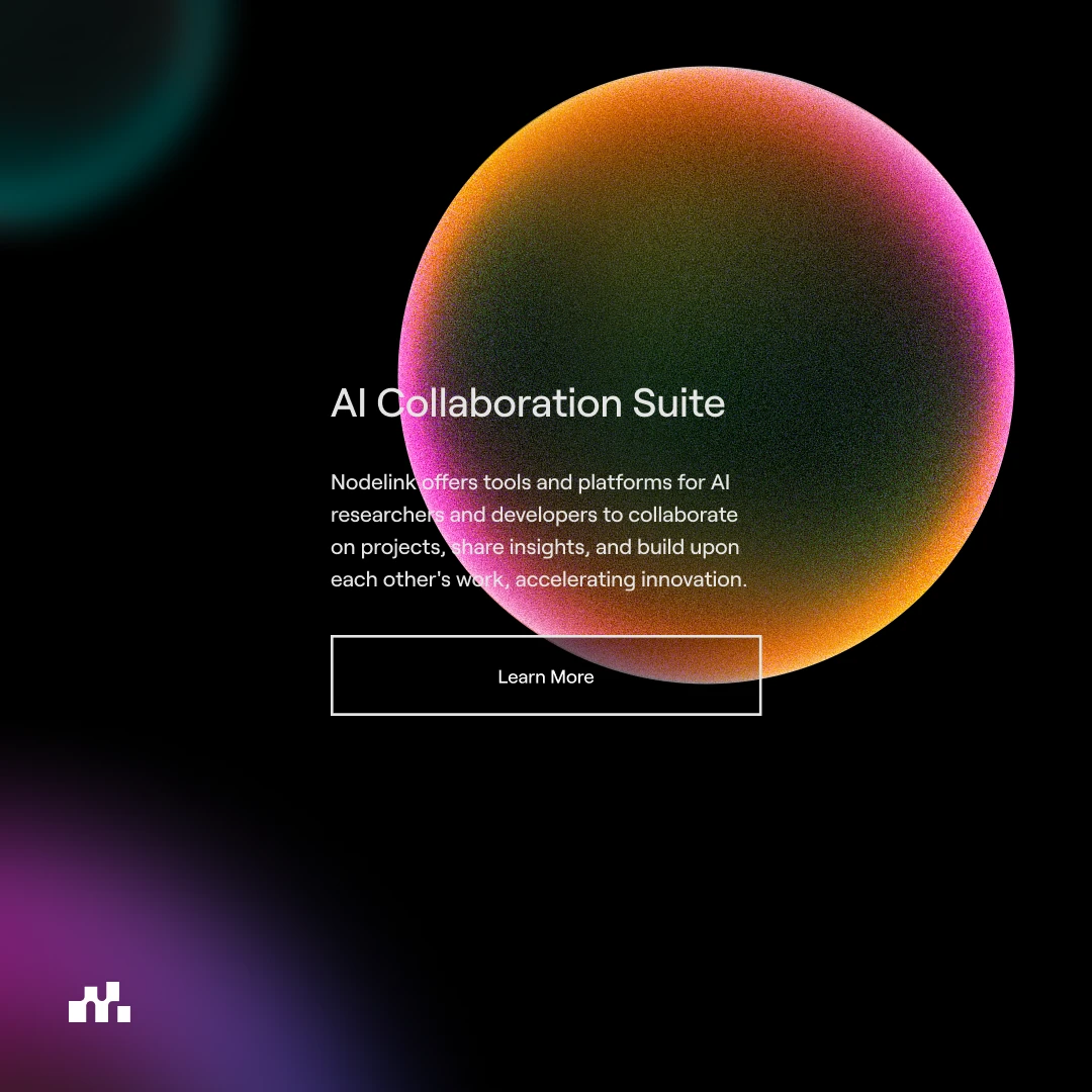 Nodelink page, AI Collaboration Suite, beside a glowing orange and pink sphere on black