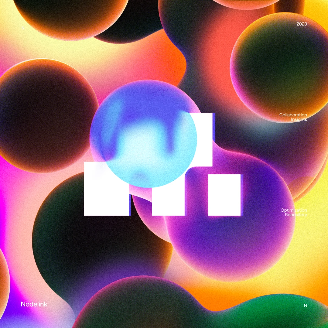 Nodelink symbol in white over bright fluid spheres in orange, pink and violet