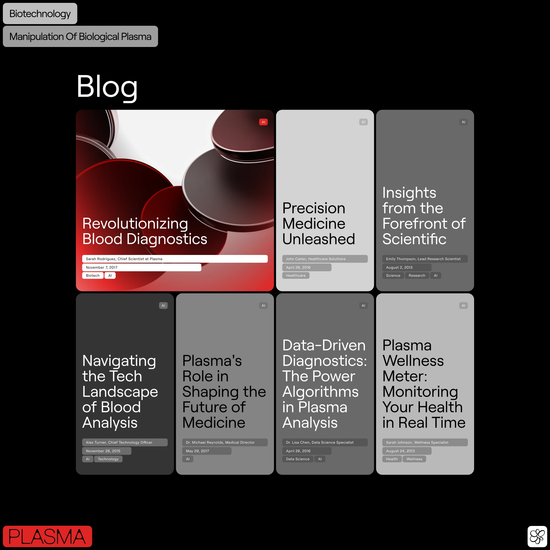 Plasma blog page with articles such as Revolutionizing Blood Diagnostics in red and grey tiles