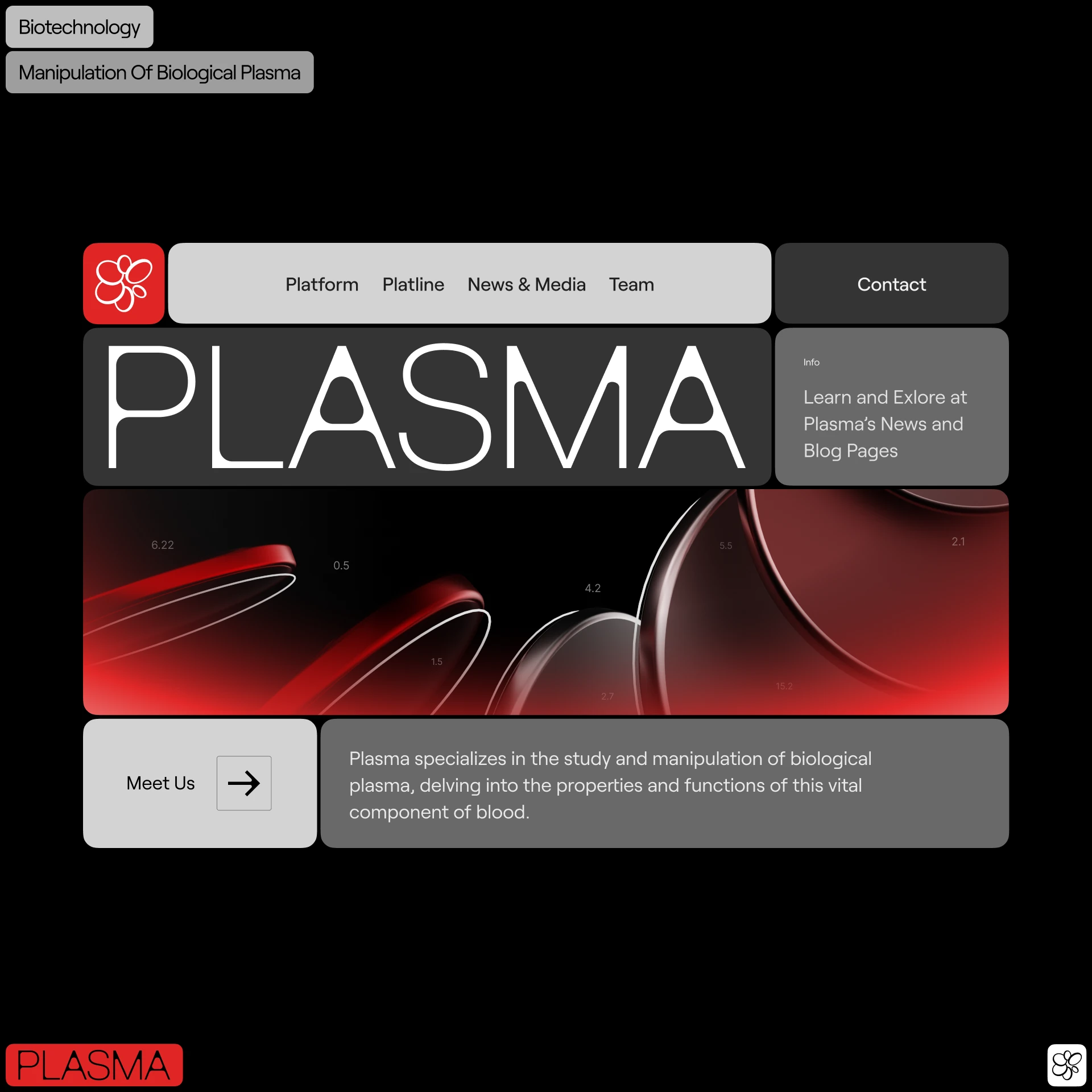 Plasma website home: large wordmark, red blood cell discs and navigation on black
