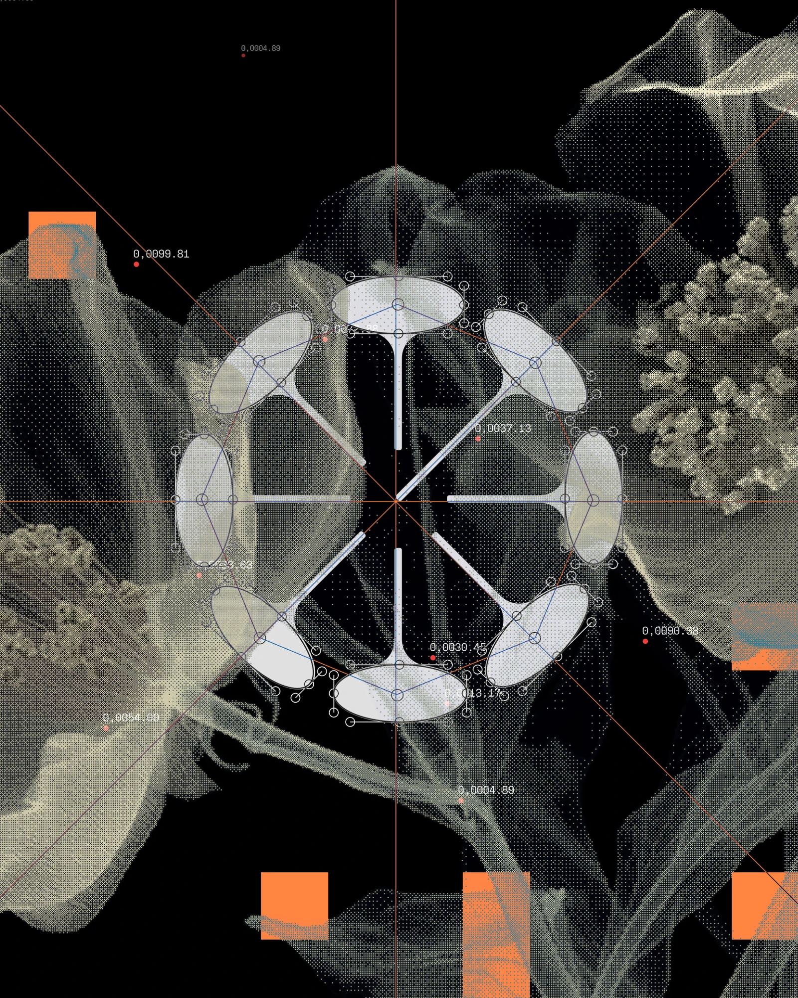 The Radial mark of eight stems in white over x-ray flowers with orange data squares