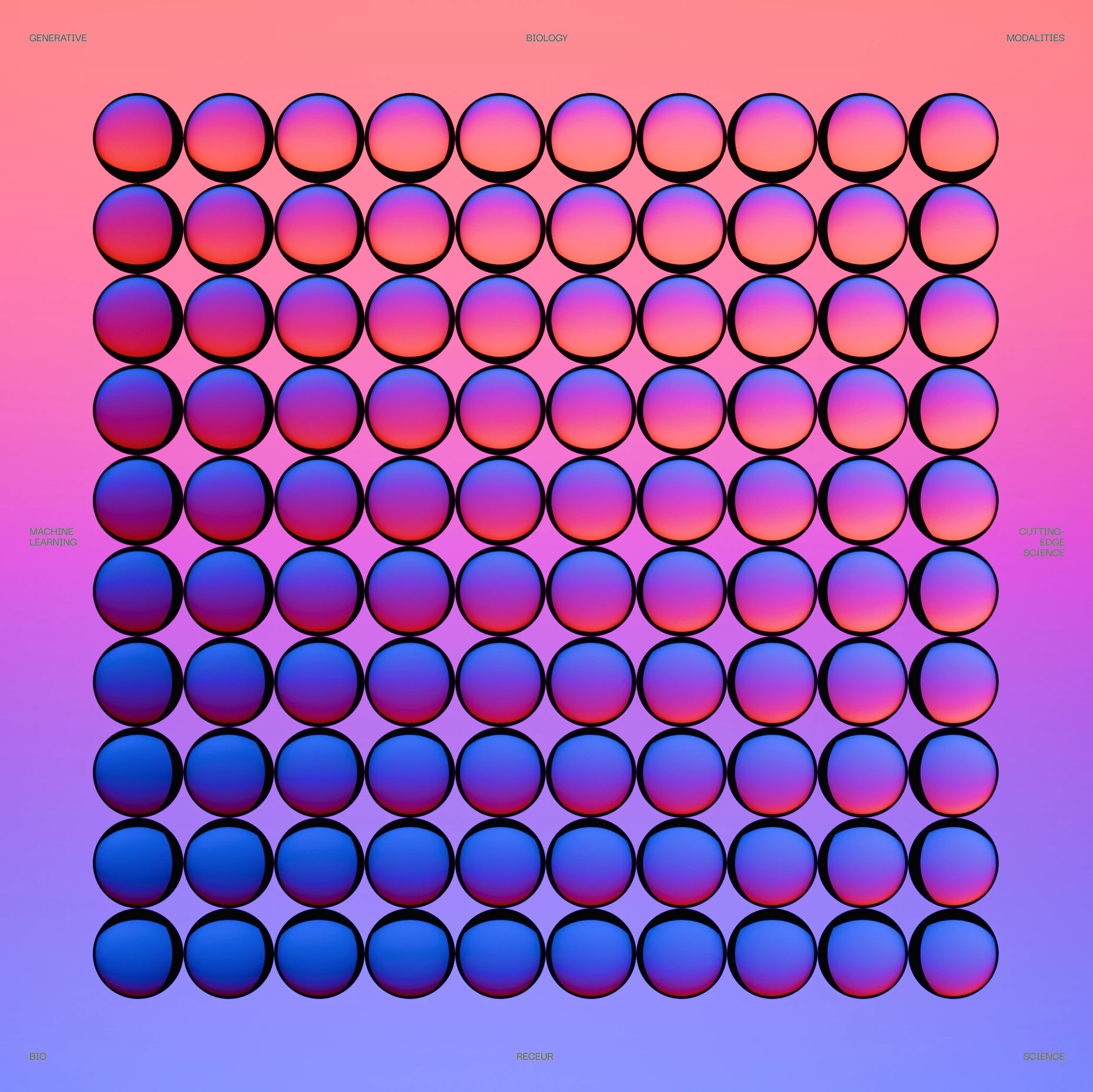 Receur graphic: a grid of glossy cell spheres fading from pink to blue