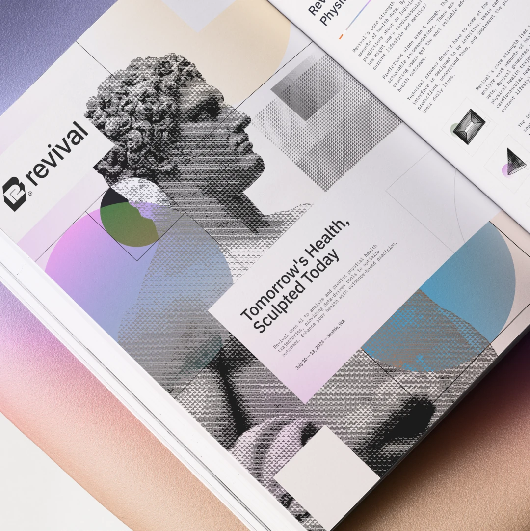 Revival brochure spread, Tomorrow's Health, Sculpted Today, with a halftone classical bust