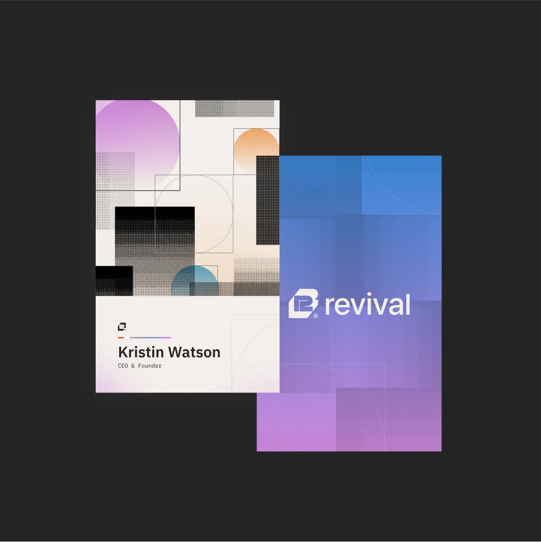 Two Revival business cards, one with halftone graphics, one in blue and violet with the logo