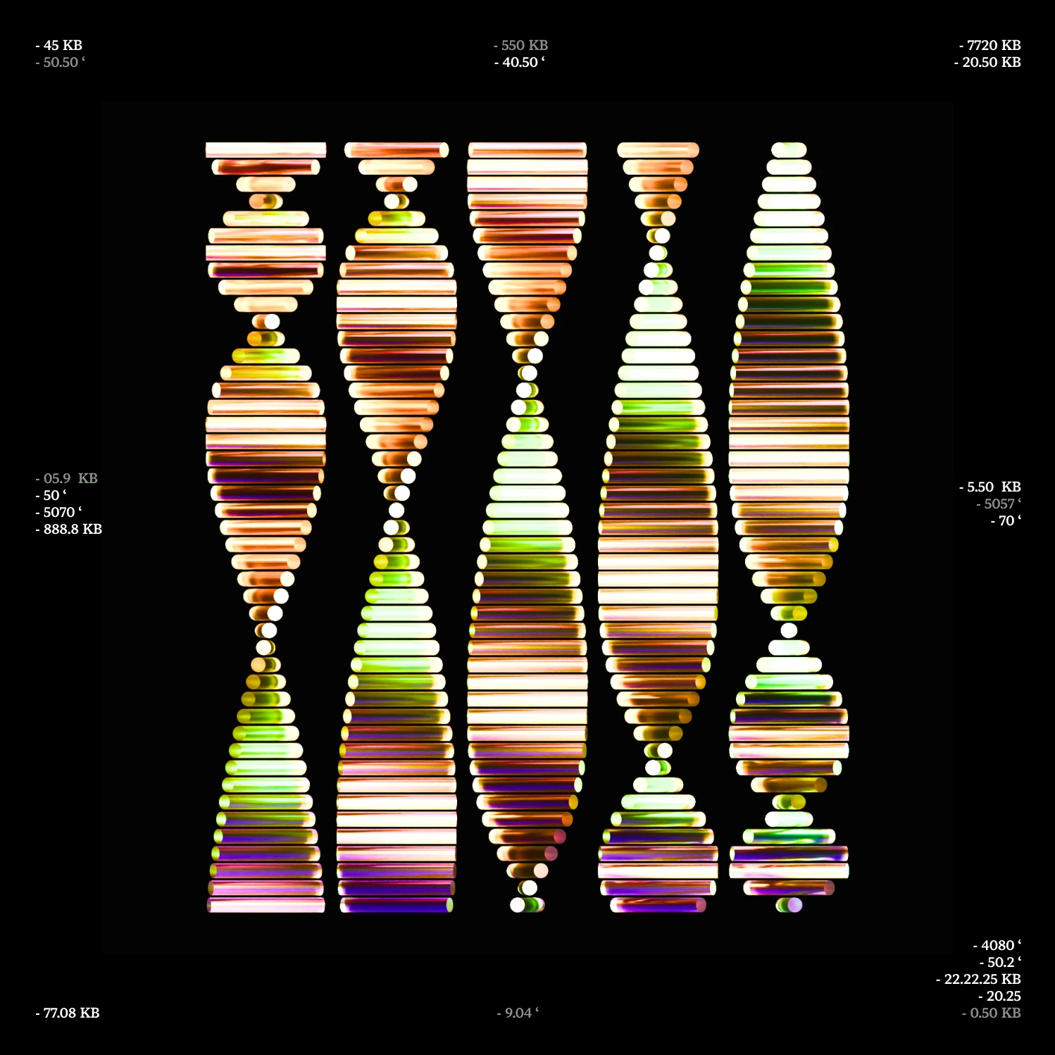 Sequence DNA strands of lines in copper, green and violet on black