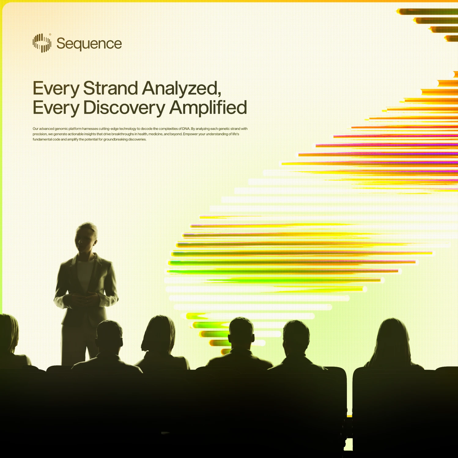 Speaker before an audience under a Sequence screen, Every Strand Analyzed, Every Discovery Amplified
