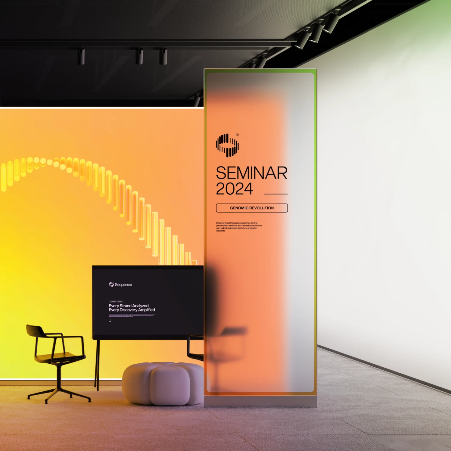 Sequence Seminar 2024 signage and screen in an orange lit event space