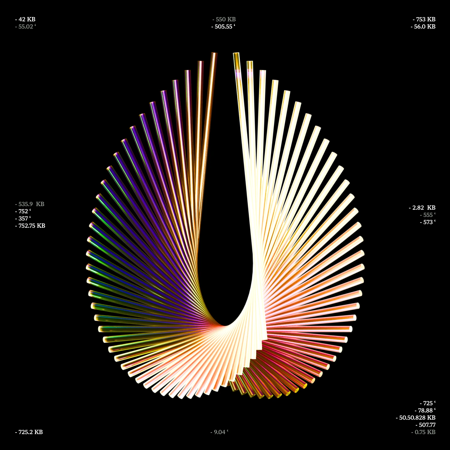 Sequence graphic: a ribbon of fine iridescent lines folding into a loop on black
