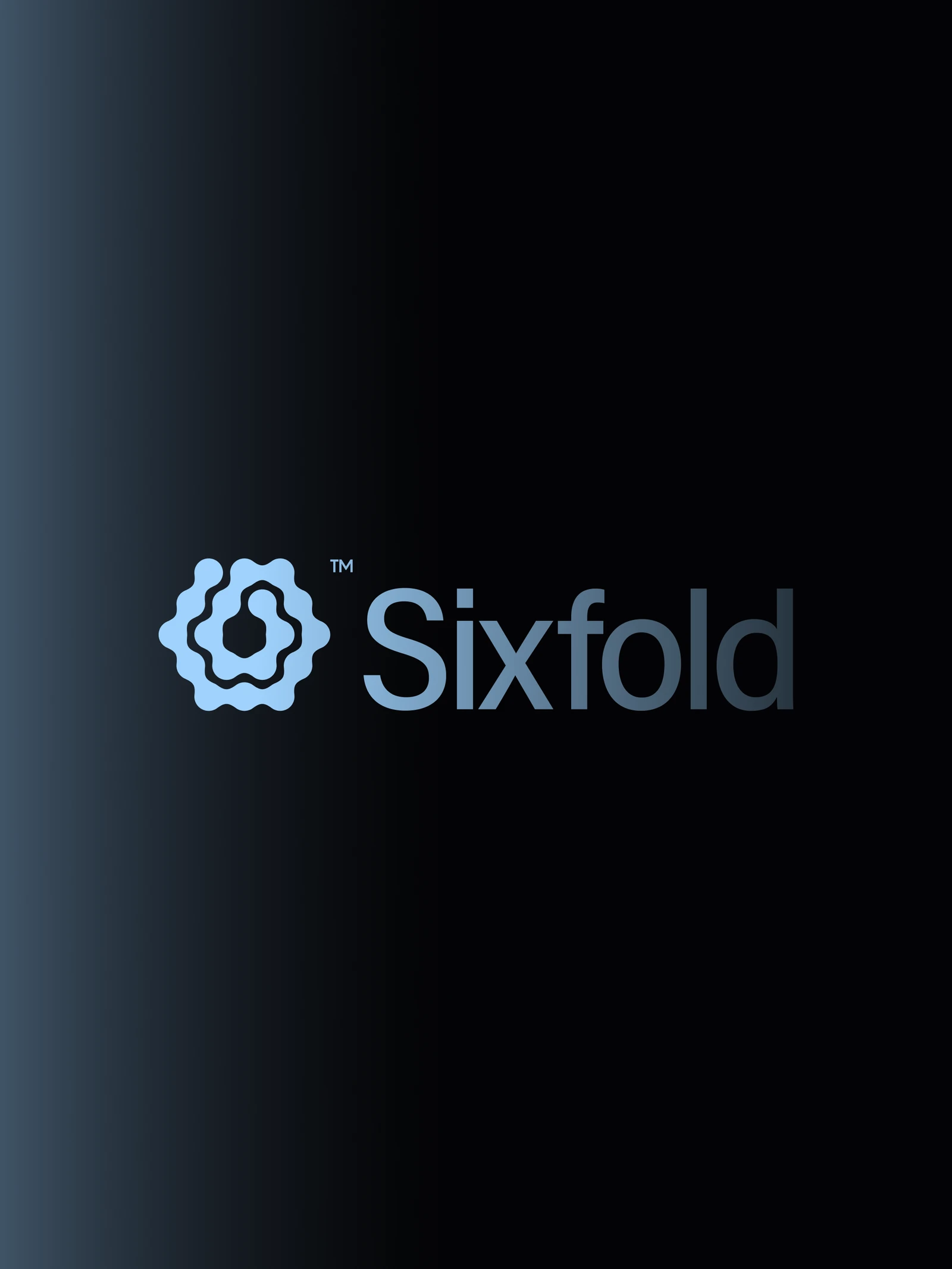 Sixfold logo and wordmark in pale blue on near black, with a blue gradient edge