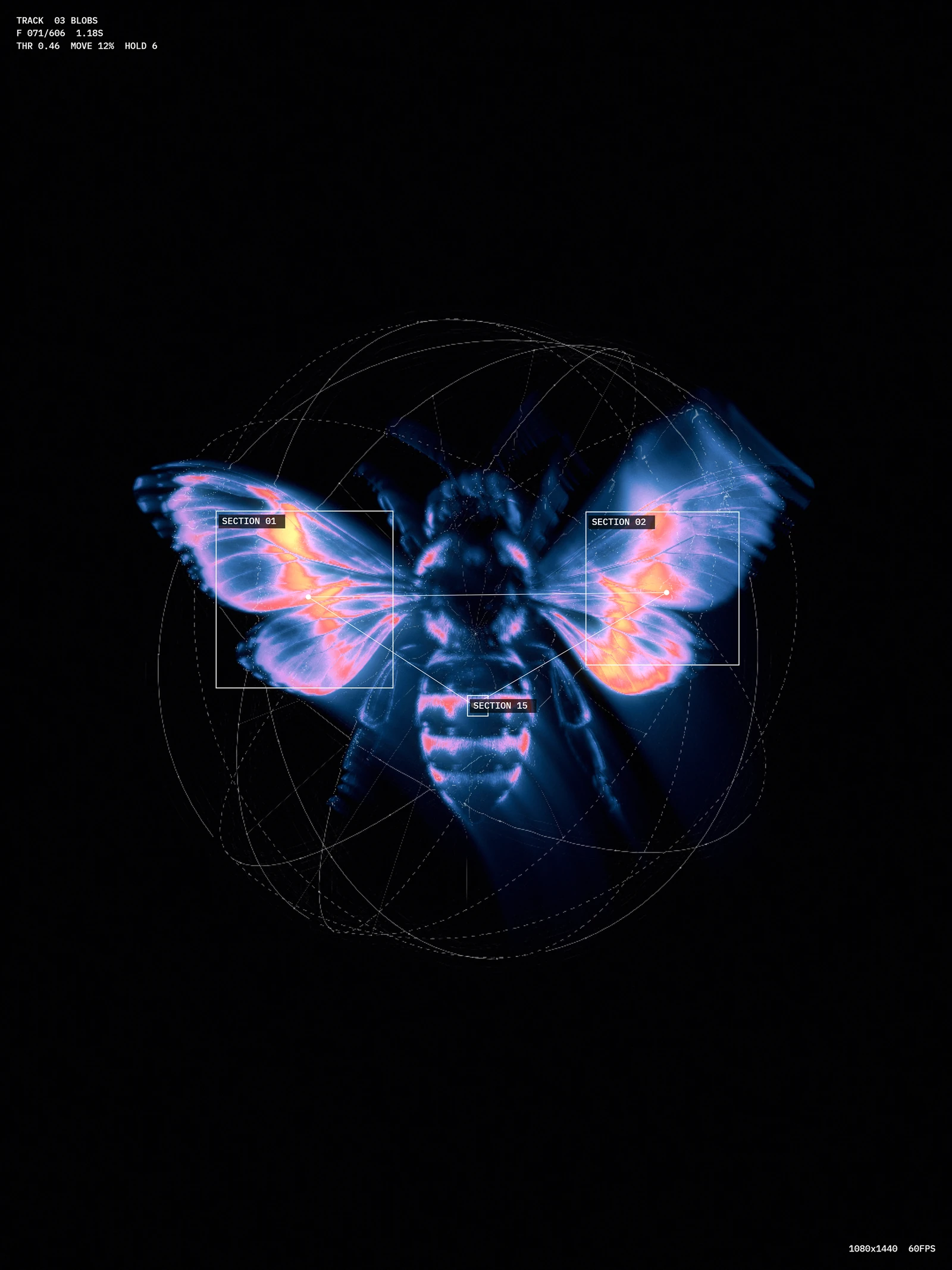 Sixfold thermal moth in blue and orange, sectioned with labelled boxes and orbits