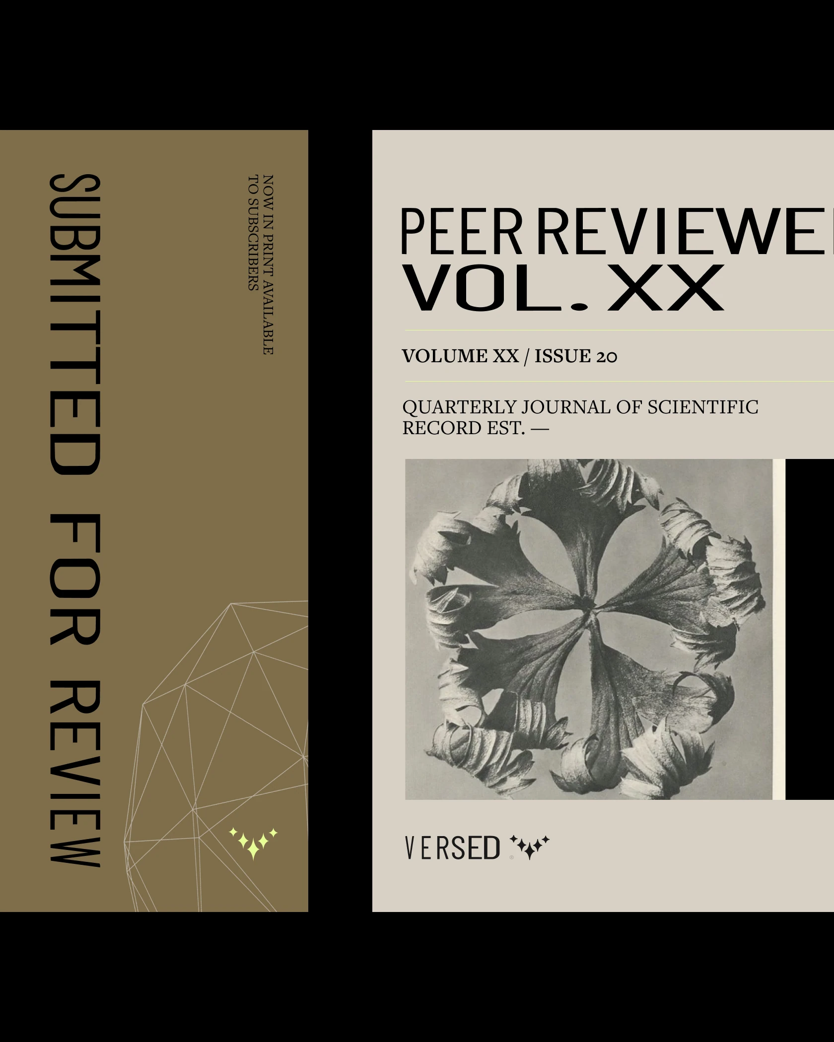 Two Versed journal covers: Submitted for review in olive, and Peer reviewed Vol. XX with a flower photograph