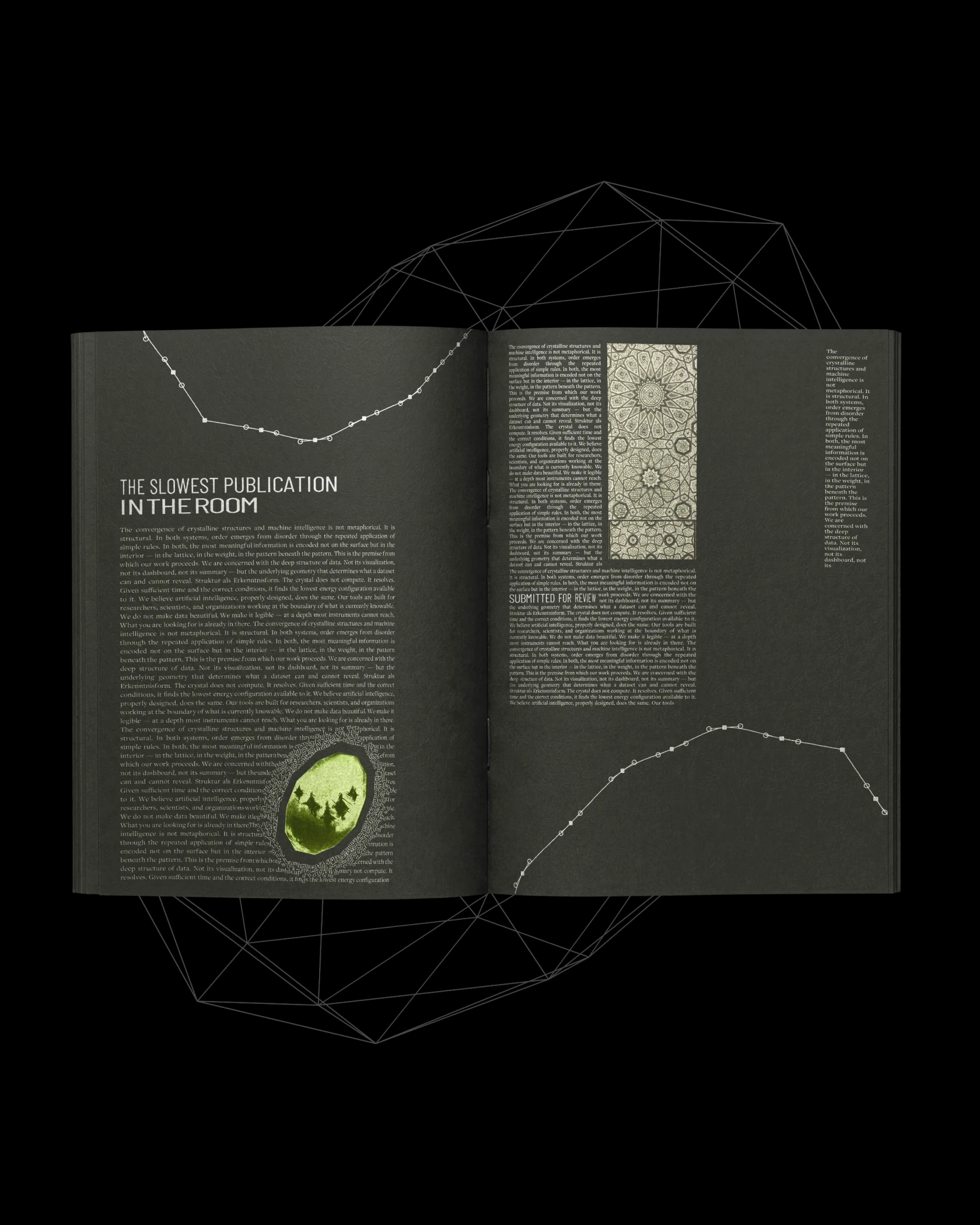 Open Versed journal spread headed The slowest publication in the room, inside a wireframe crystal