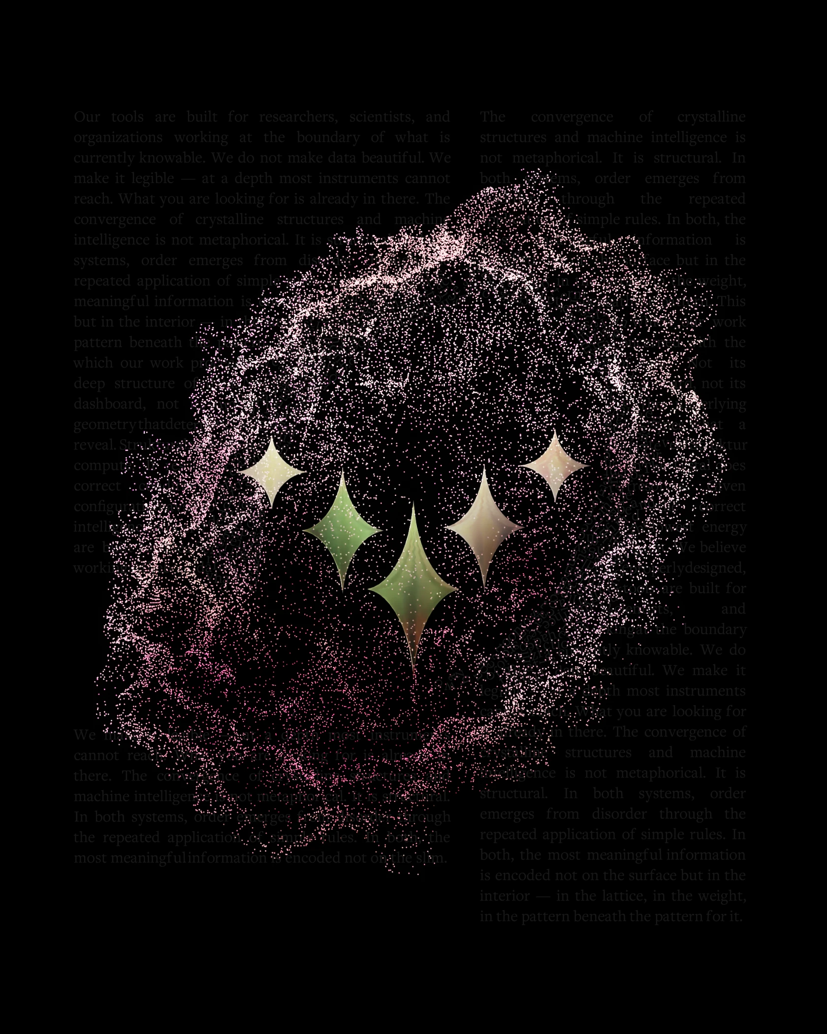 Versed star mark inside a crystal of pink particles on black, over faint text
