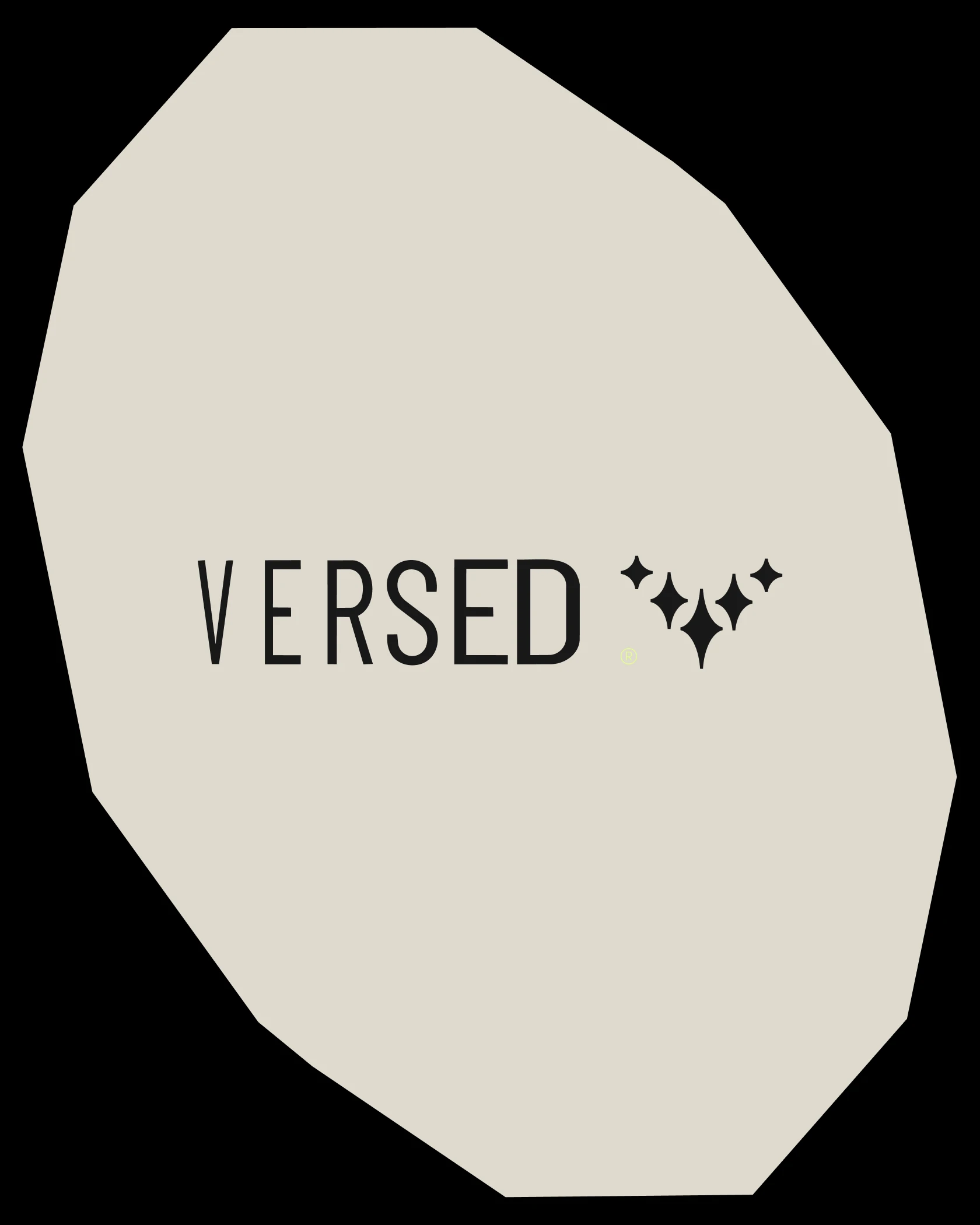 Versed wordmark and star mark on a bone coloured crystal shape on black