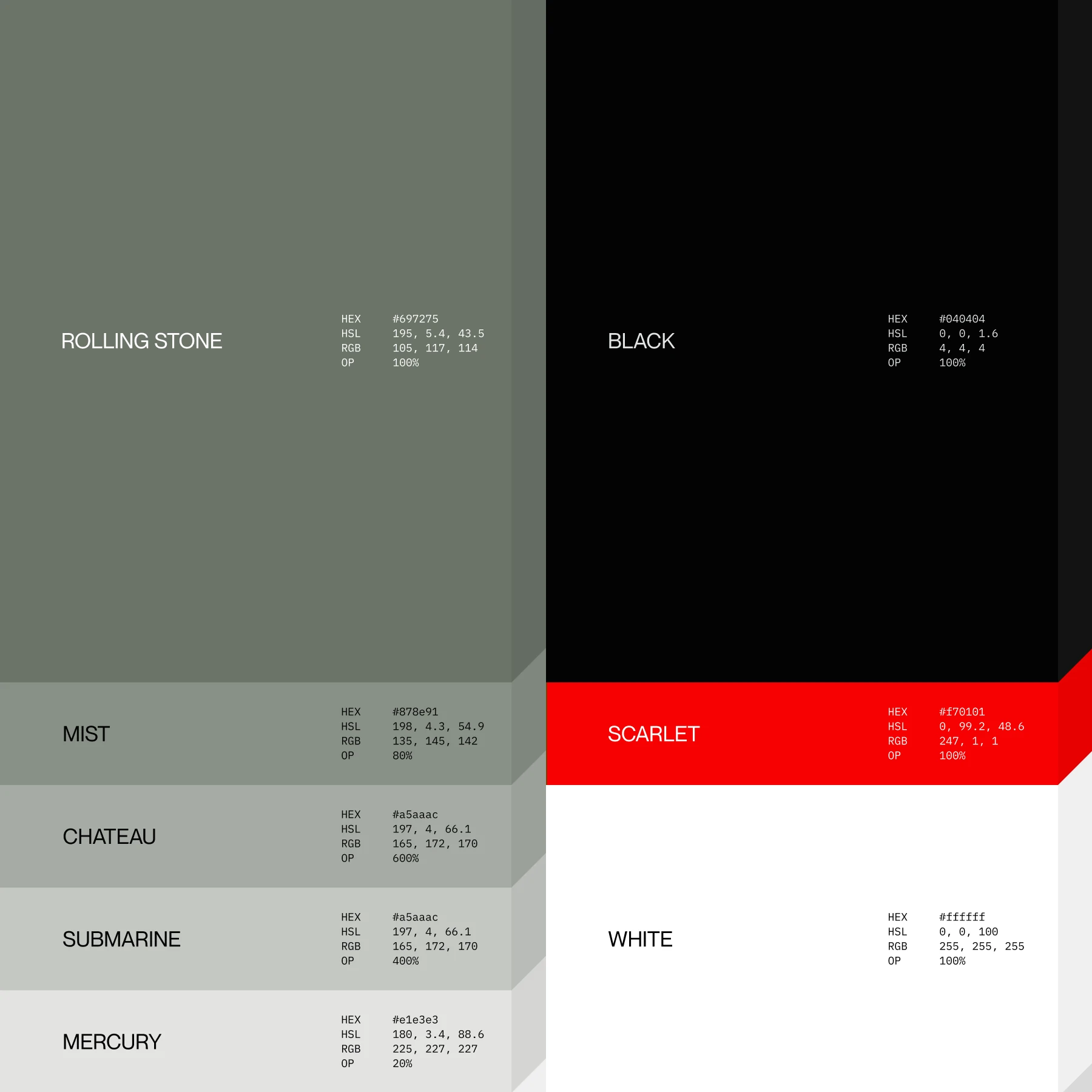 Zeonite colour palette: rolling stone, mist, chateau, submarine, mercury, black, scarlet and white