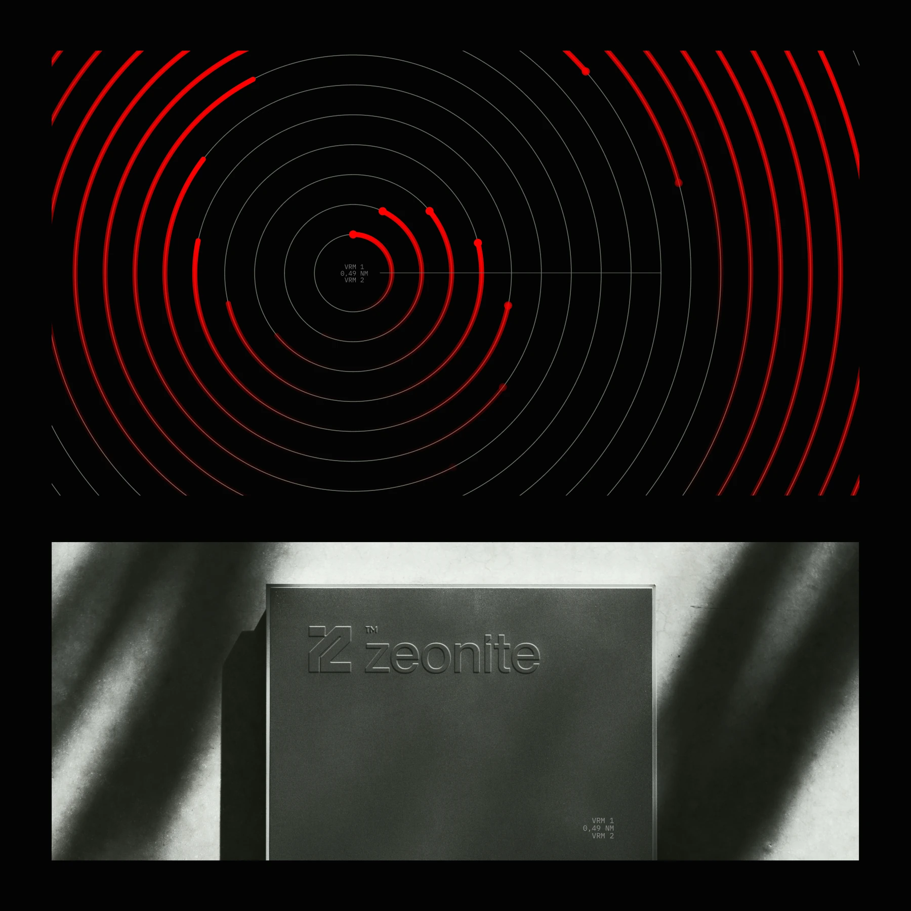 Zeonite fingerprint rings in red and grey above a metal plate engraved with the wordmark