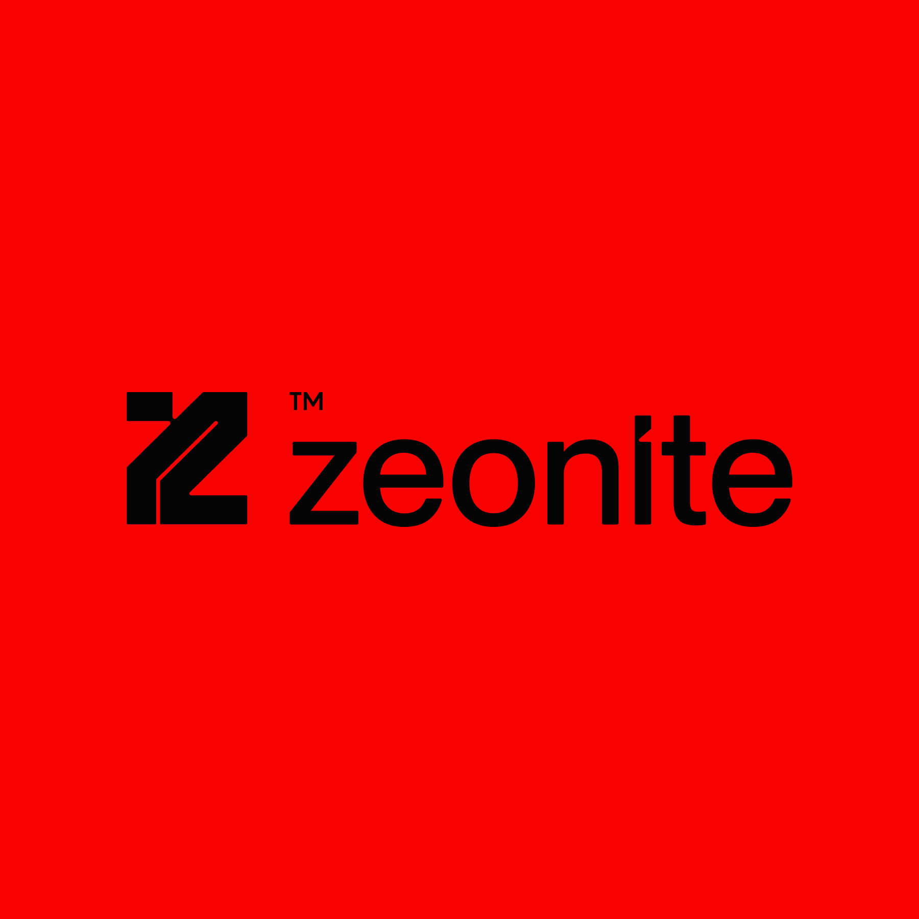 Zeonite logo and wordmark in black on scarlet red