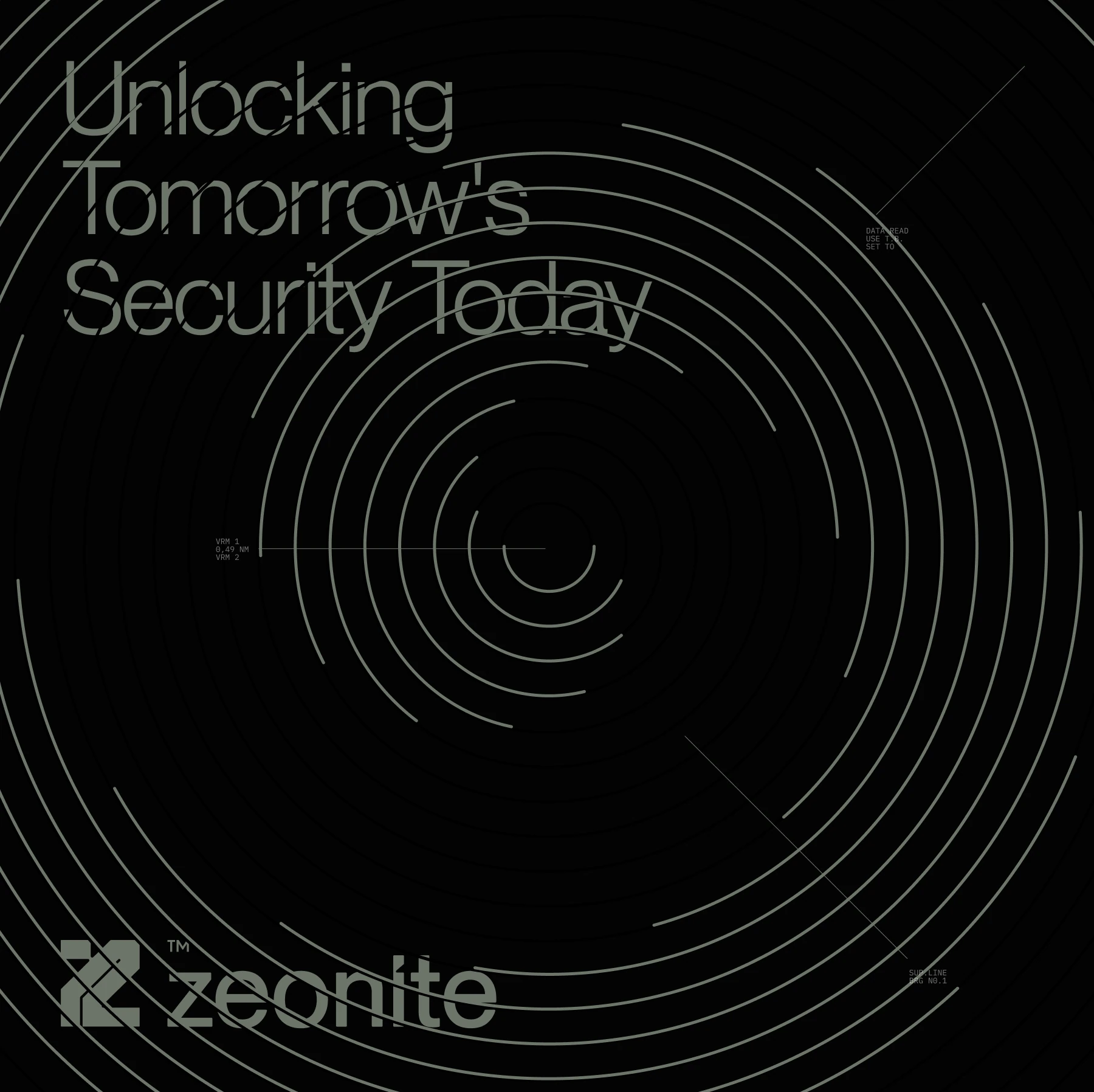Zeonite poster, Unlocking Tomorrow's Security Today, with grey fingerprint rings on black